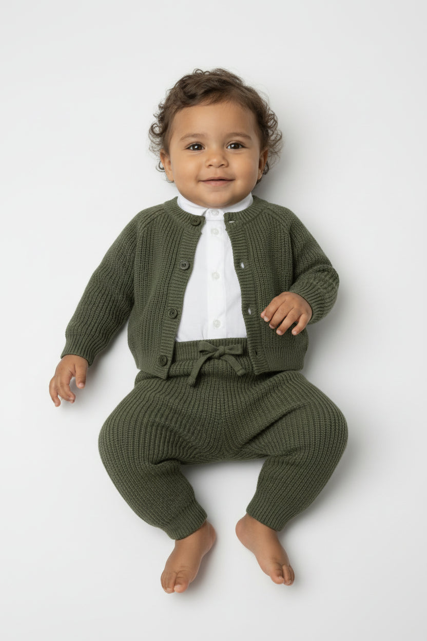 Unisex Baby 2-Piece Ribbed Knit Cardigan & Trousers Lounge Set - Green Model  Front Picture