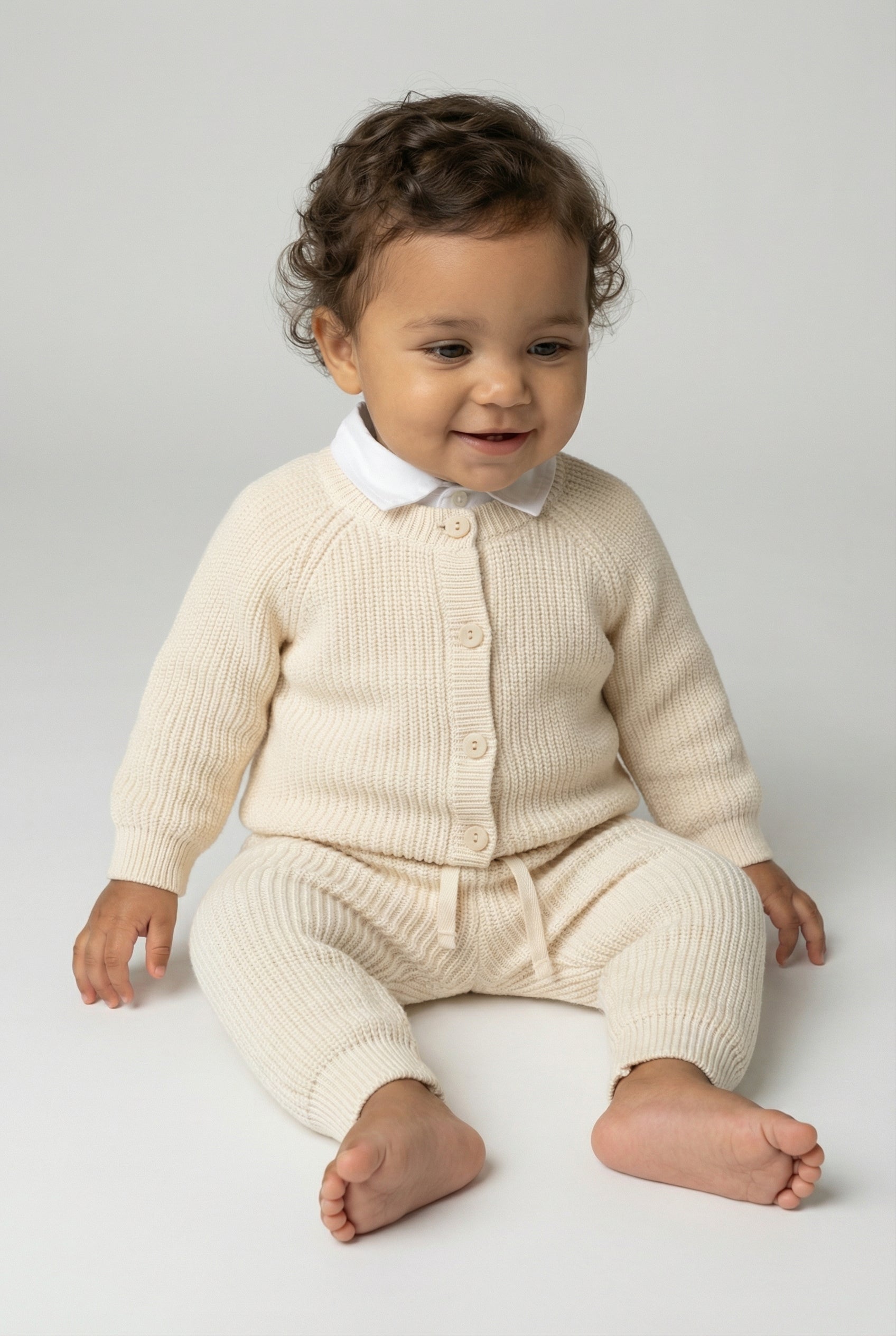 Unisex Baby 2-Piece Ribbed Knit Cardigan & Trousers Lounge Set - Ivory Model Front Picture