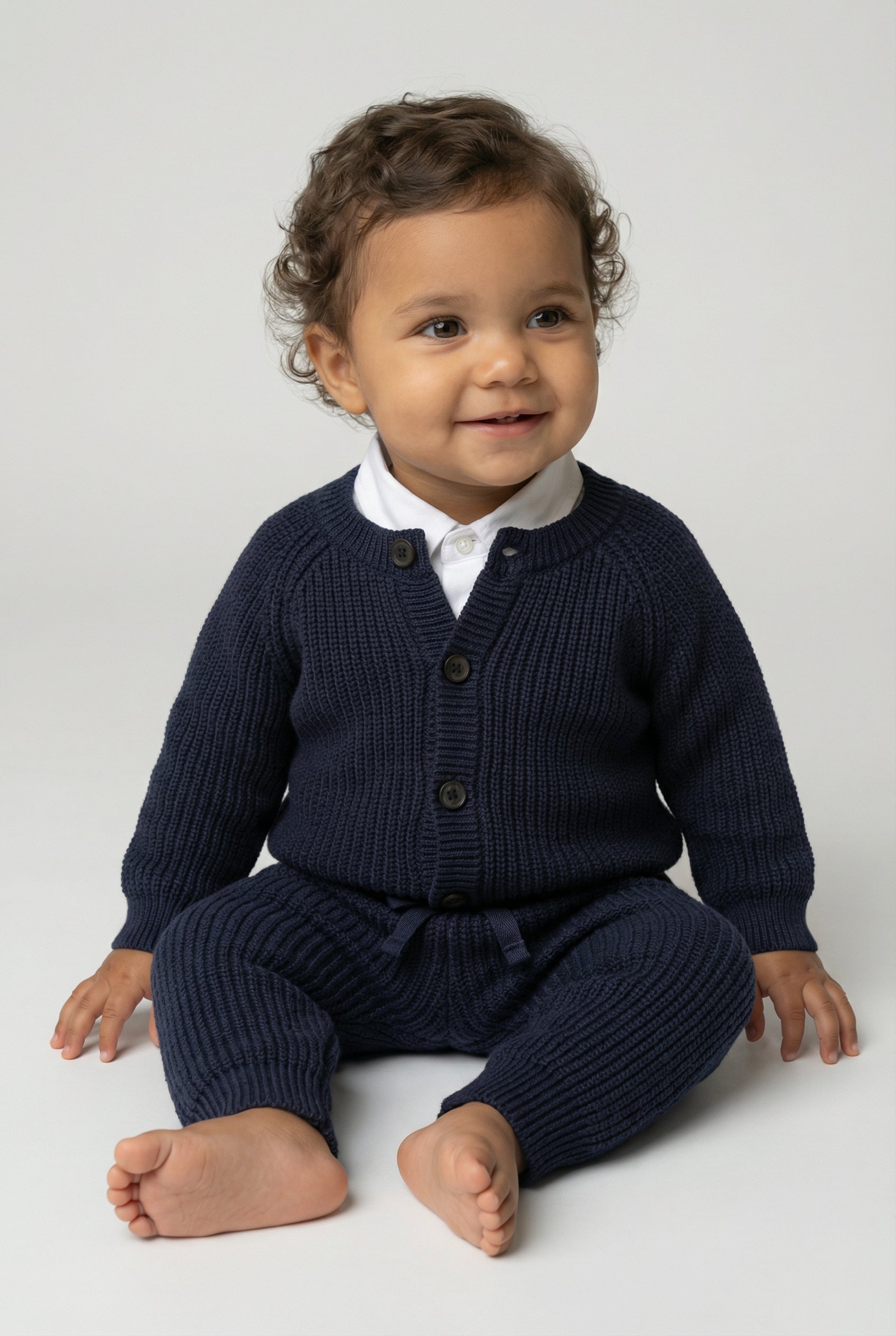 Unisex Baby 2-Piece Ribbed Knit Cardigan & Trousers Lounge Set - Navy Model Picture