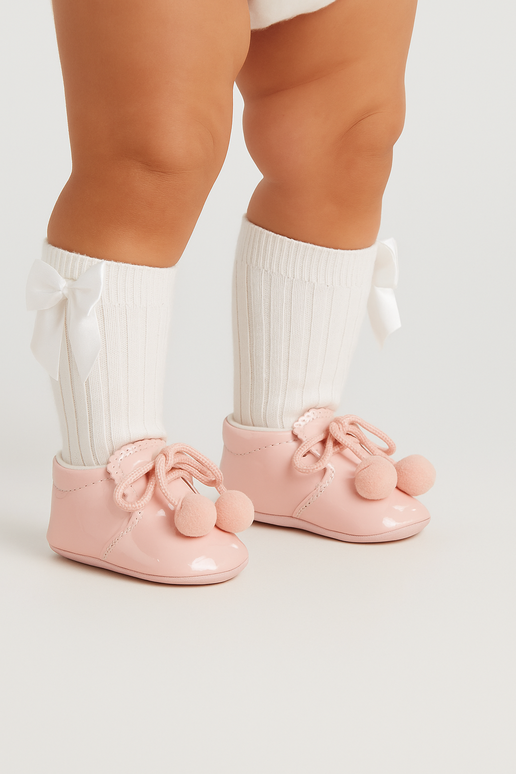 Unisex Baby Patent Pom Pom Booties Pram Shoes - Joe - Pink Model Picture