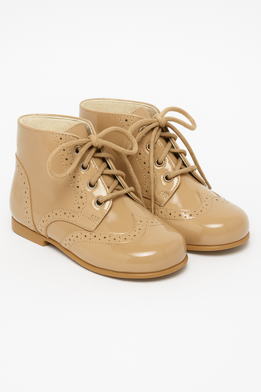 Unisex Kids Patent Leather Brogue Ankle Boots - QUINN - Camel Pair Side Picture