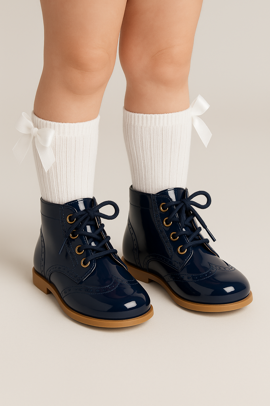 Unisex Kids Patent Leather Brogue Ankle Boots - QUINN - Navy Blue Model Picture