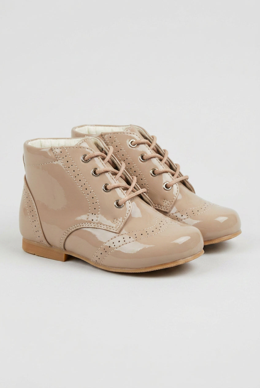 Unisex Kids Patent Leather Brogue Ankle Boots - QUINN - Camel