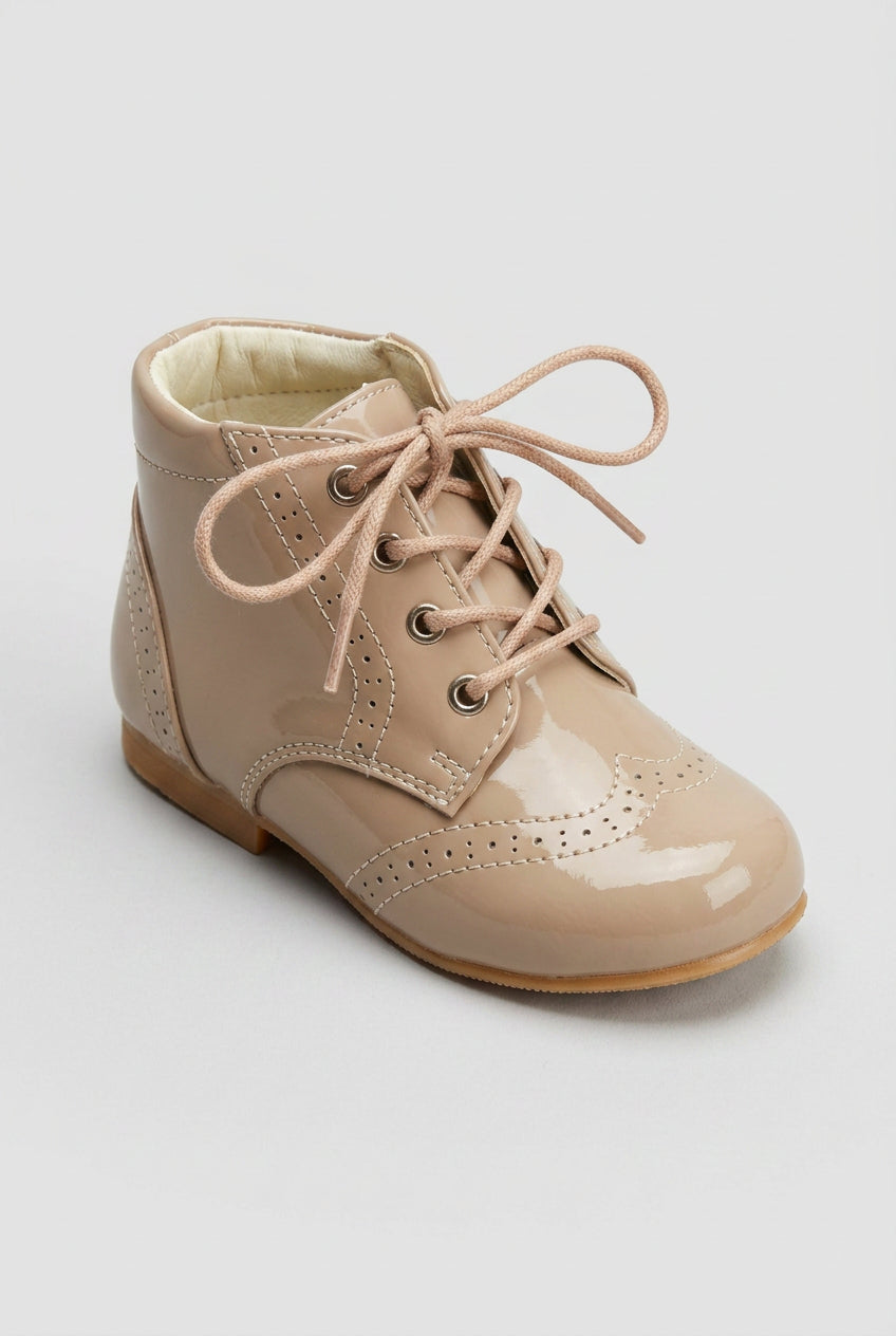 Unisex Kids Patent Leather Brogue Ankle Boots - QUINN - Camel