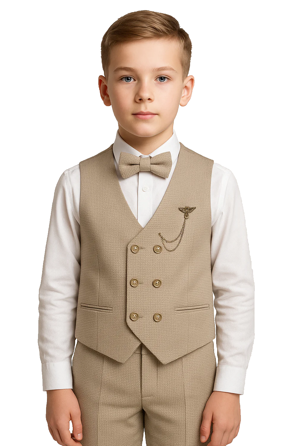 Boys' 5-Piece Textured Double Breasted Waistcoat Suit - MATRIX - Beige
