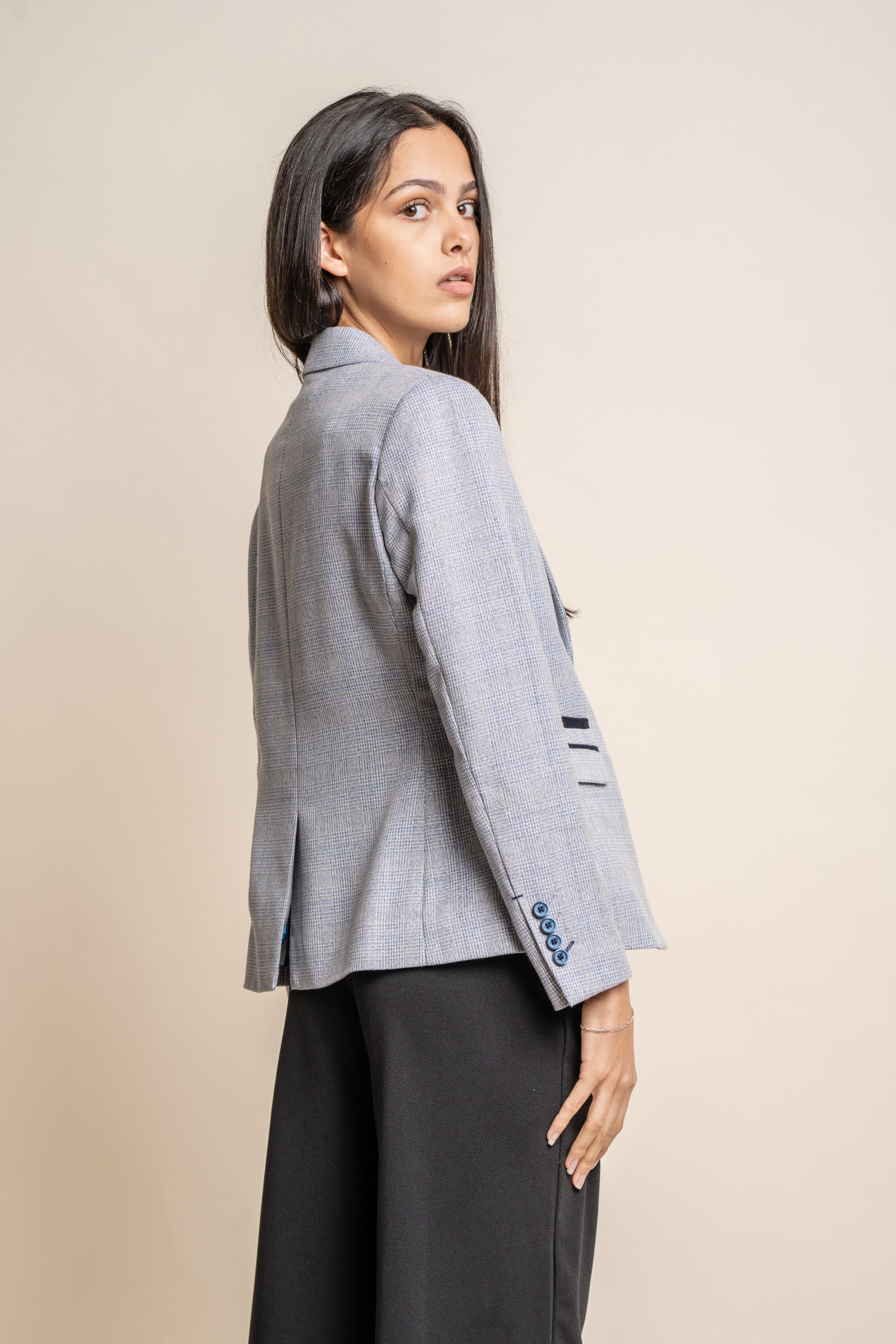 Women's Slim Fit Houndstooth Check Blazer - CARIDI - Sky Blue