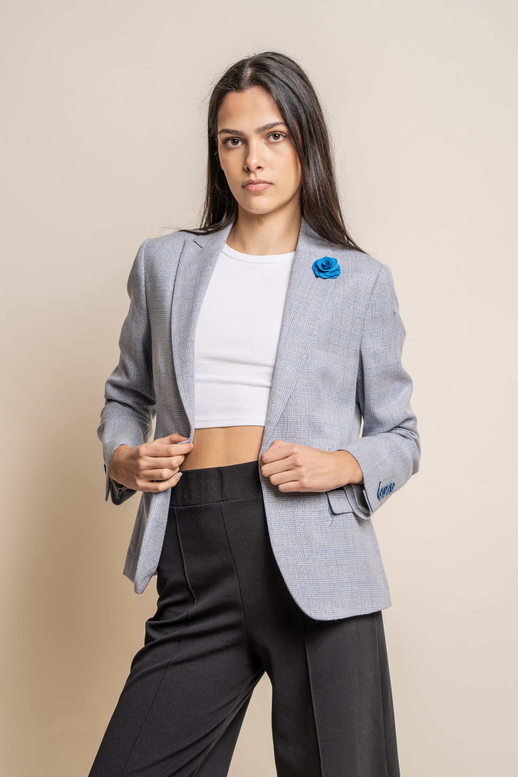 Women's Slim Fit Houndstooth Check Blazer - CARIDI - Sky Blue