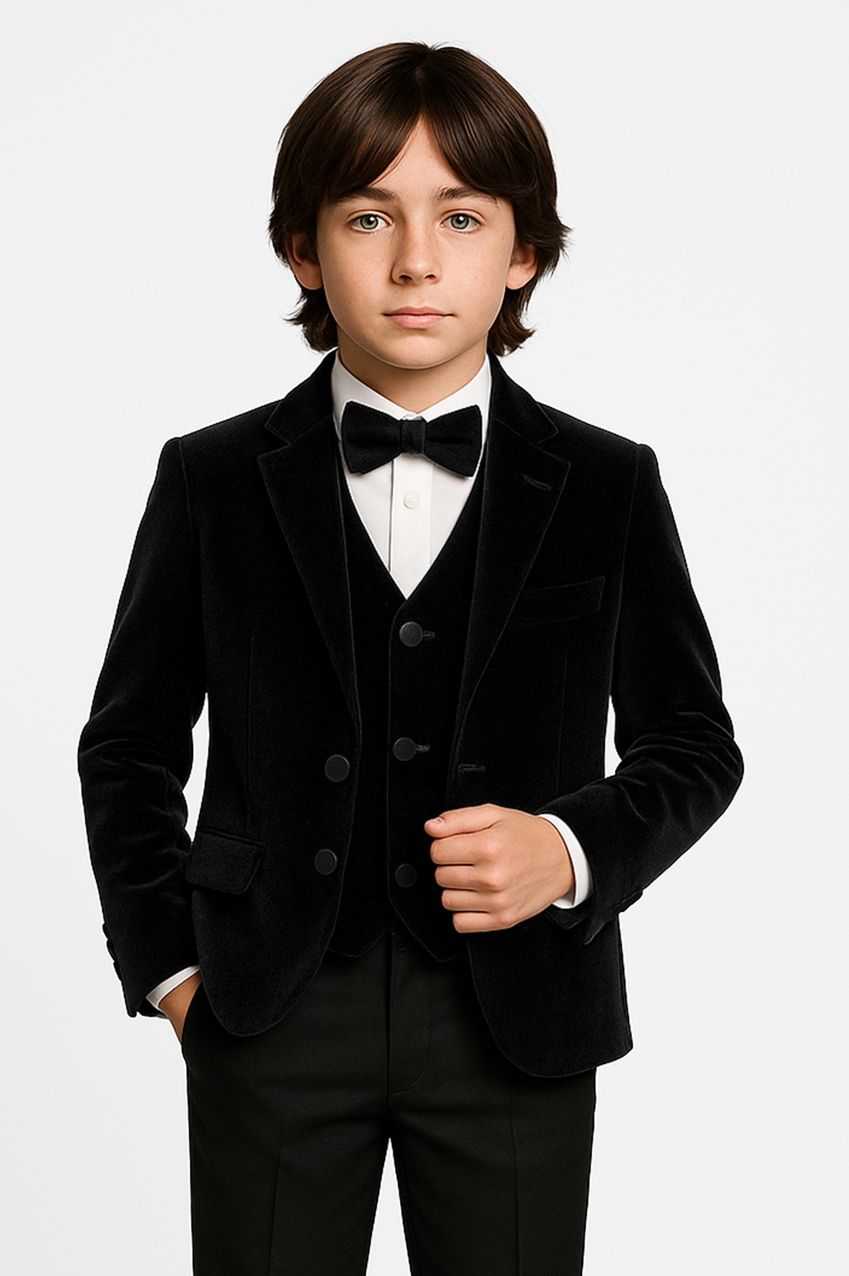Boys Slim Fit Velvet Dinner Suit - 3-Piece & 5-Piece - SAVOY  - Black