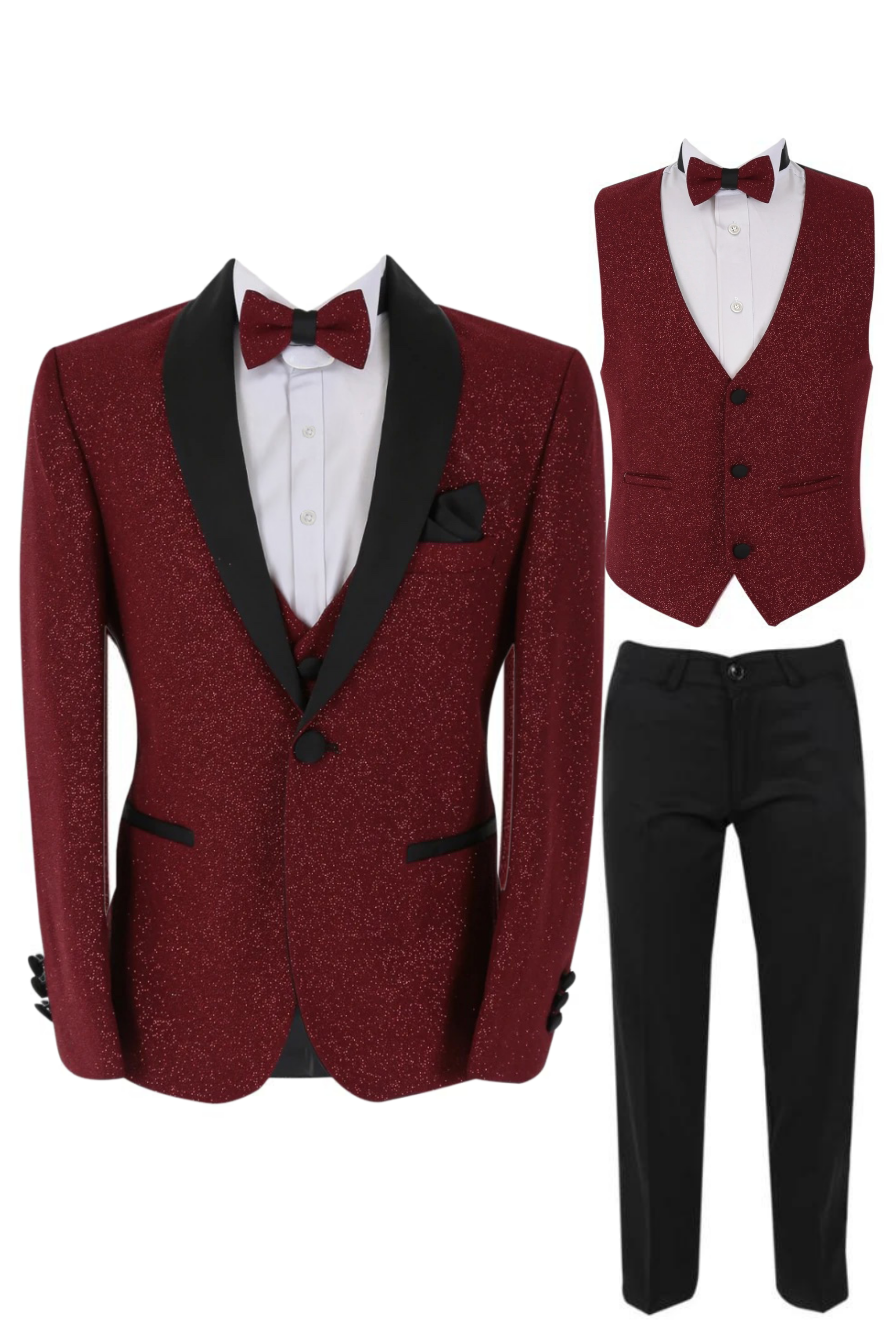 Boys Shimmer Tuxedo Dinner 6 Piece Suit Set - Burgundy
