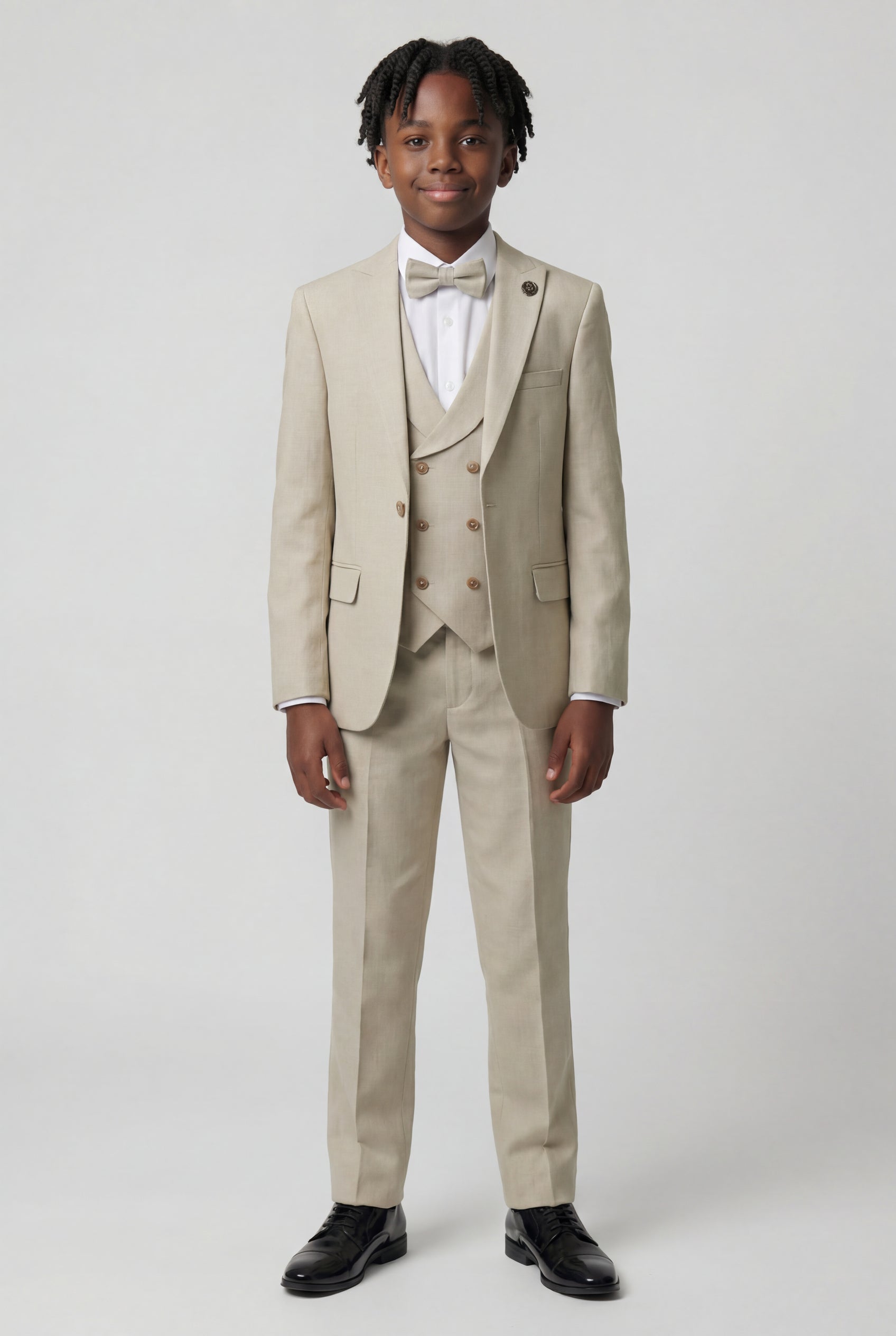 Boys 5-Piece Formal Prom Suit with Double Breasted Waistcoat - Beige