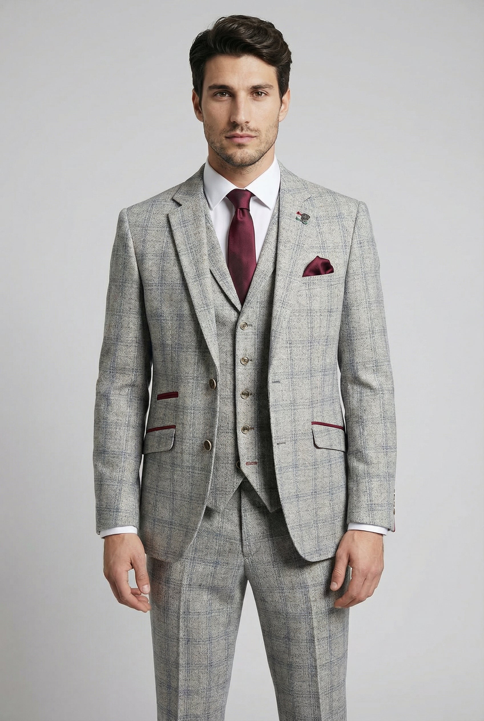Men's Tweed Check Slim Fit Grey Suit - ANDREW - Grey