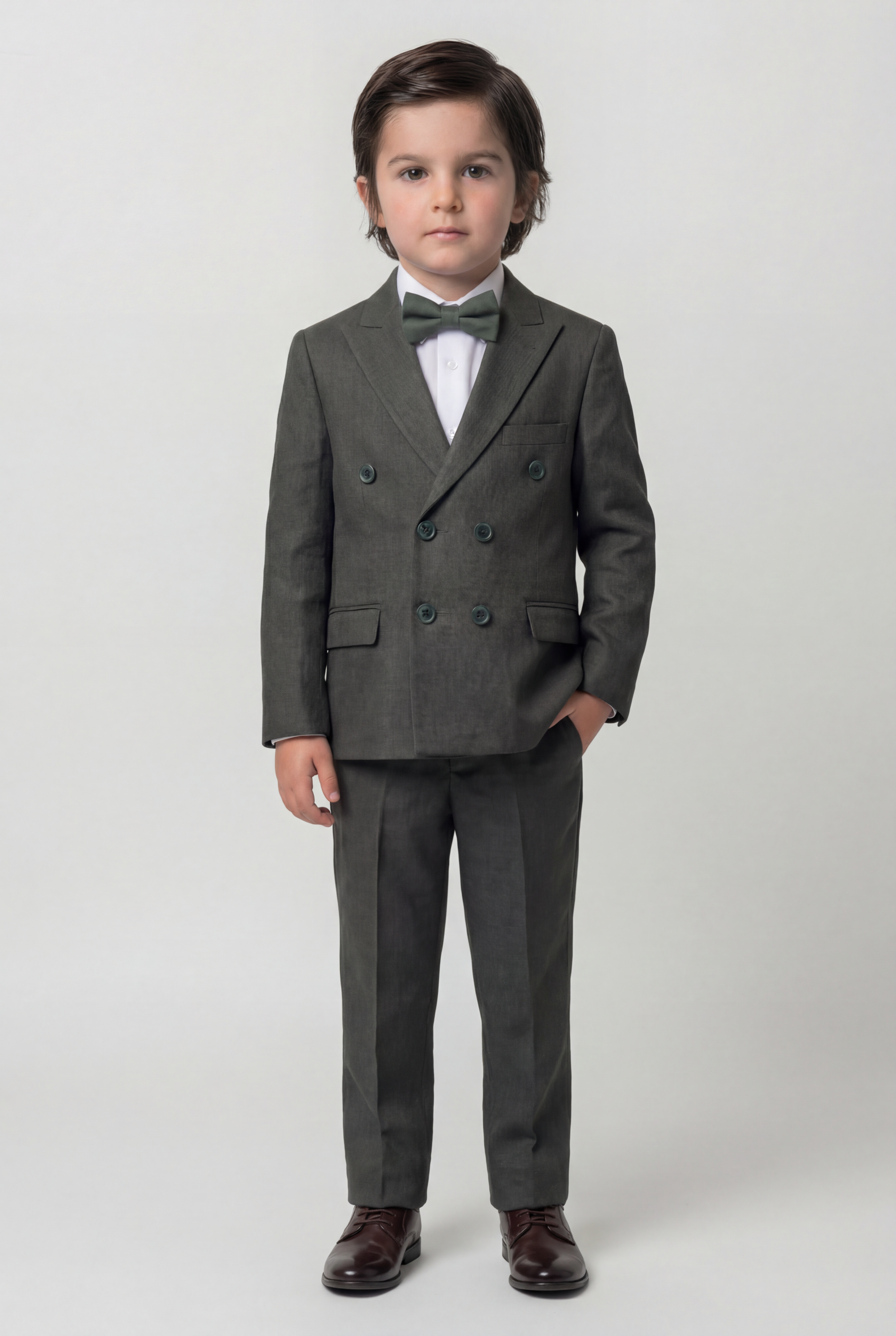 Boys 4-Piece Slim Fit Double Breasted Suit Set - Dark Green