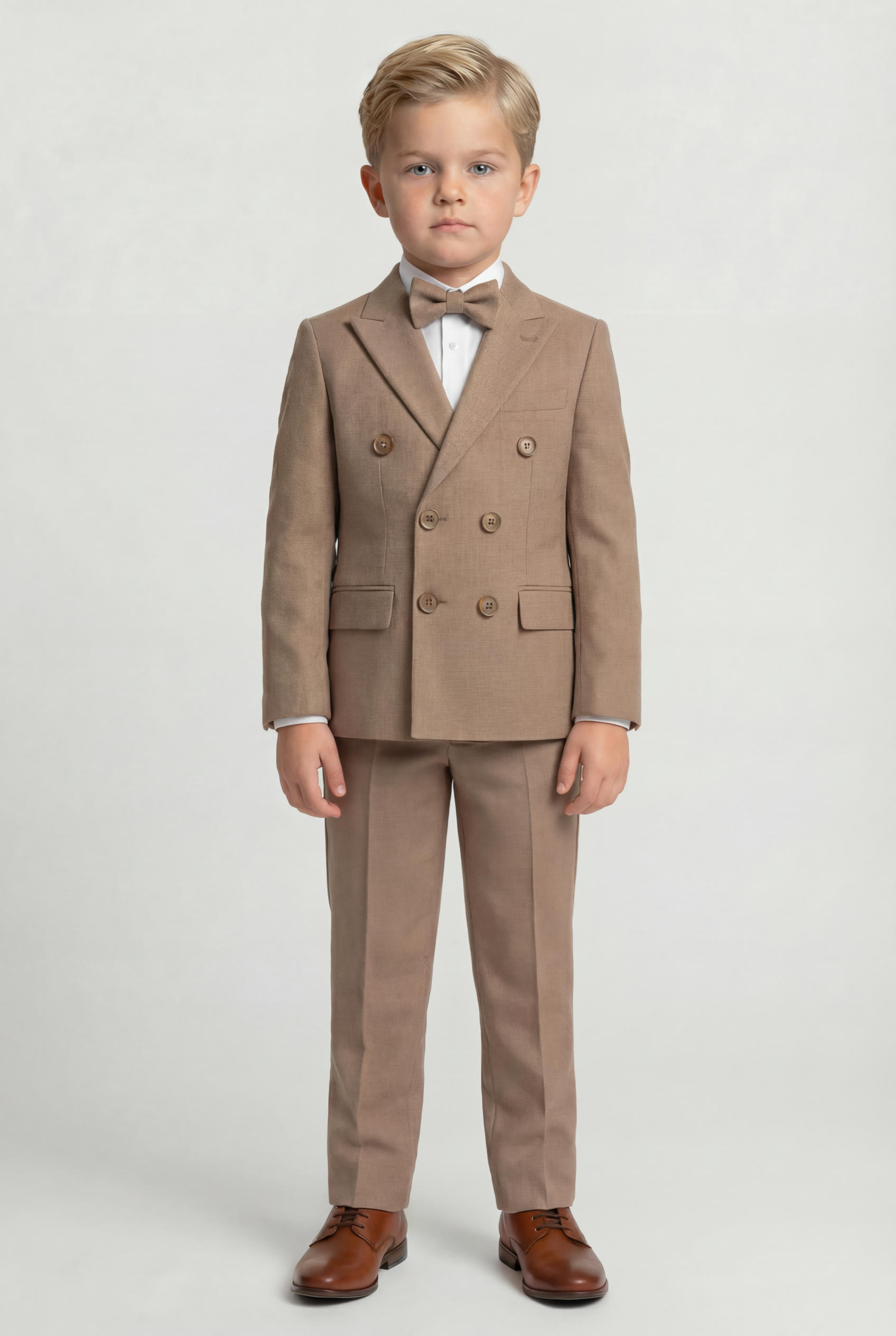 Boys 4-Piece Slim Fit Double Breasted Suit Set - Light Brown