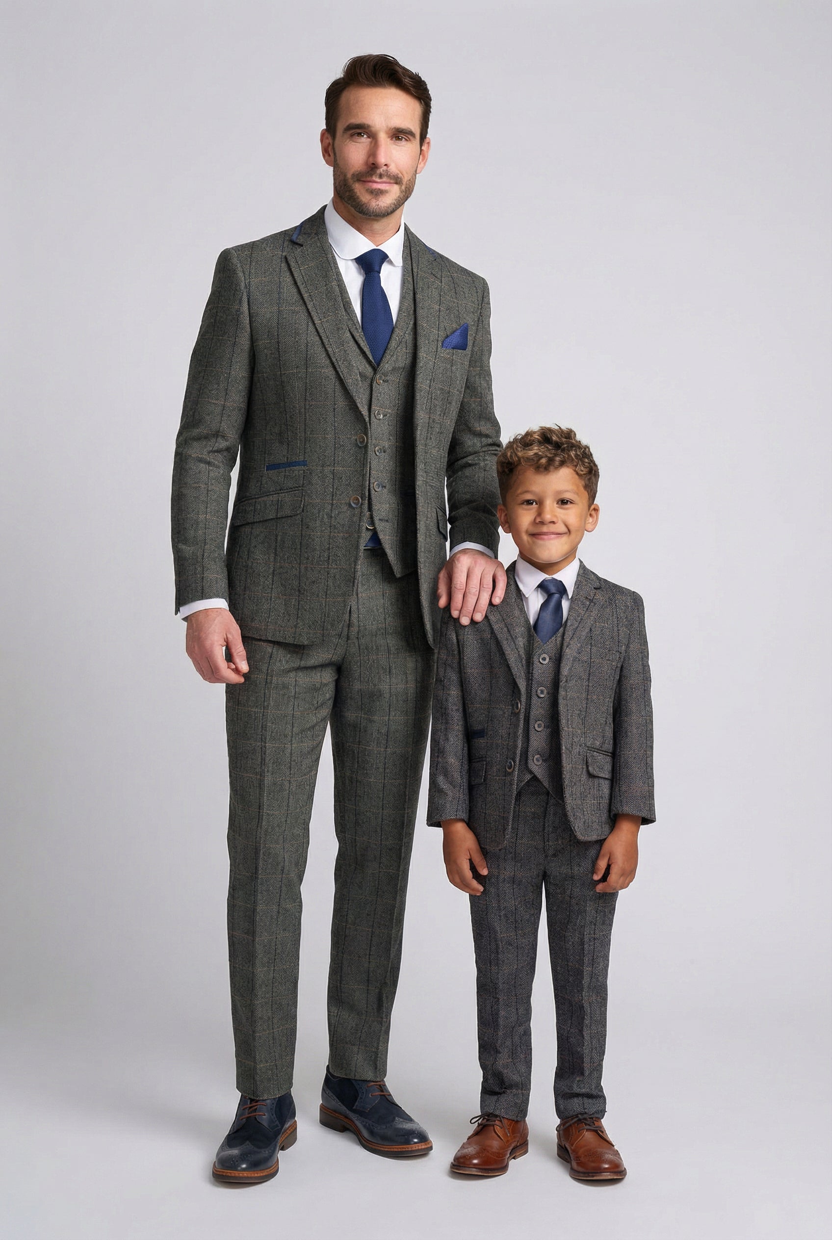 Father & Son Matching Herringbone Windowpane Check Tweed 3-Piece Suit Set - Albert  Grey