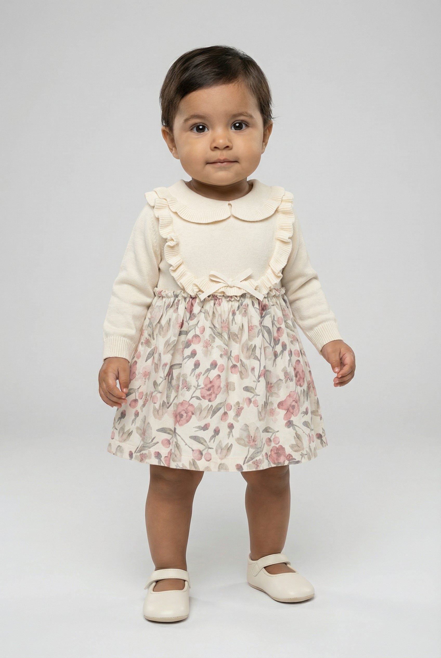 Baby Girls Knit Dress with Floral Print Skirt & Peter Pan Collar Model Picture