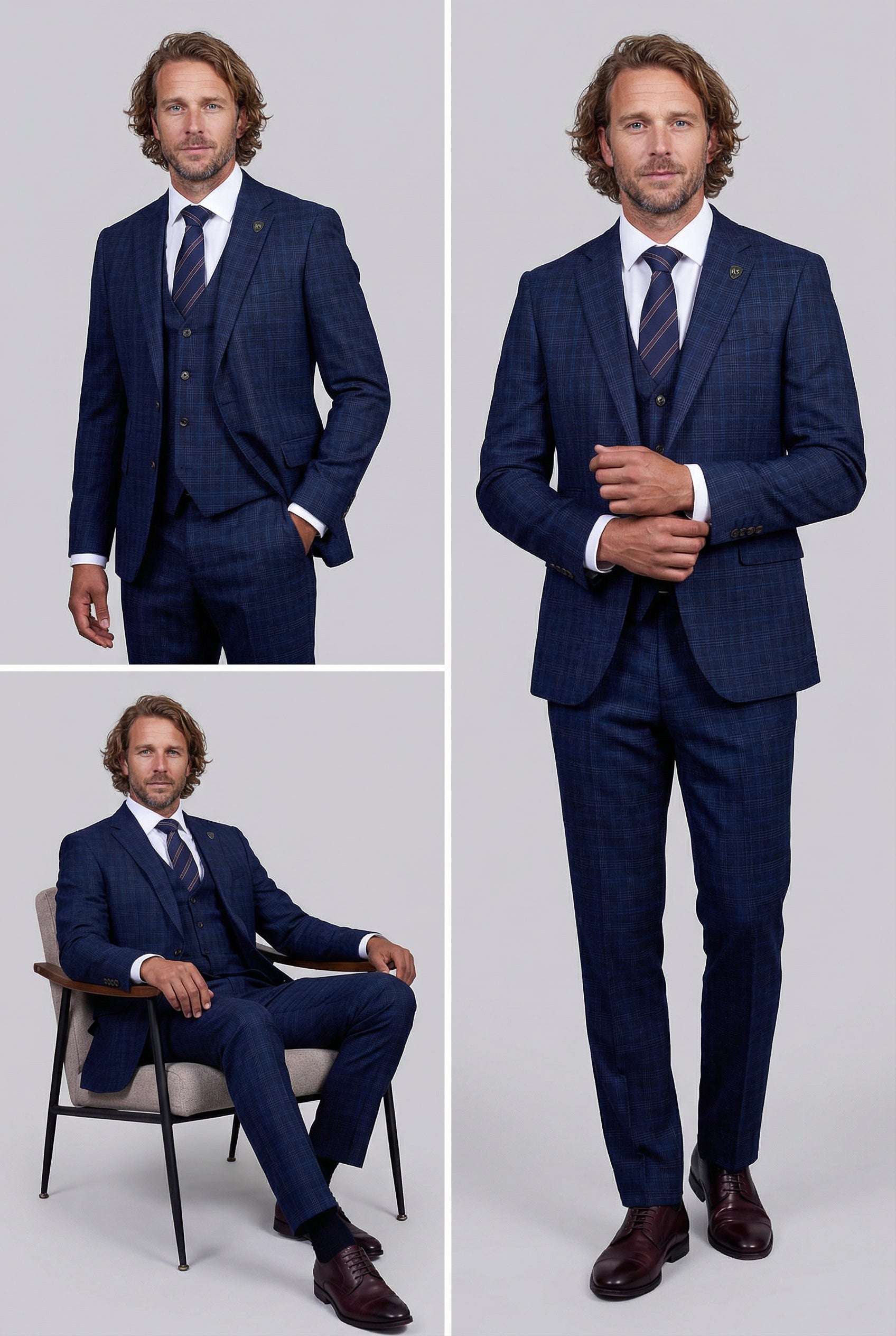 Men’s 3-Piece Windowpane Check Suit - Marcos - Navy