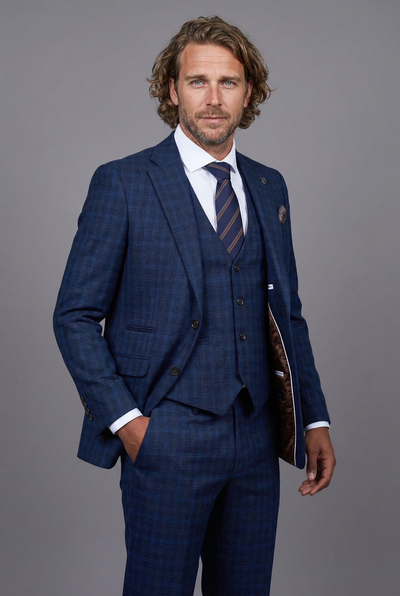 Men’s 3-Piece Windowpane Check Suit - Marcos - Navy Side Picture