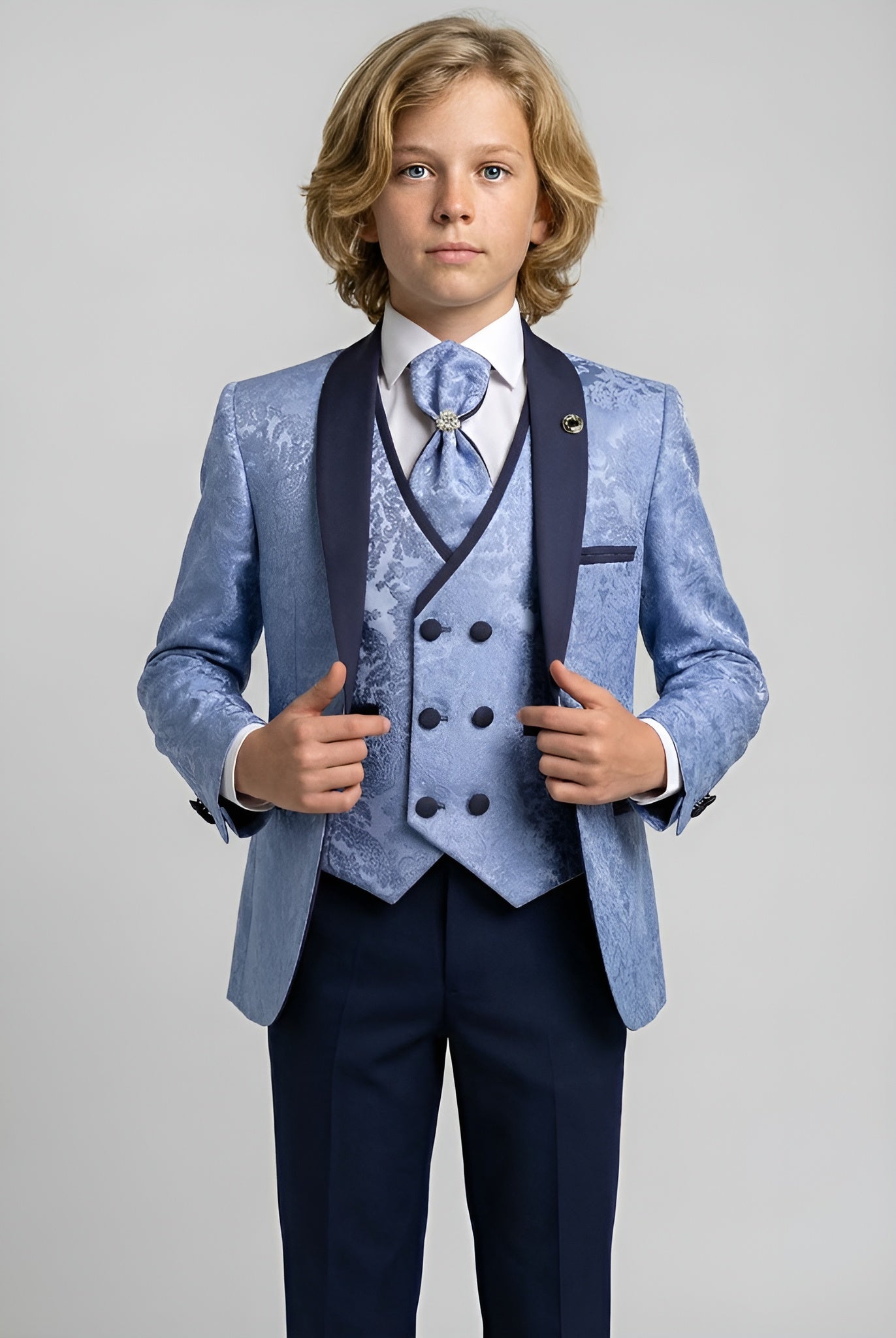 Boys Satin Lapel Paisley Floral Tuxedo Suit Set - Blue