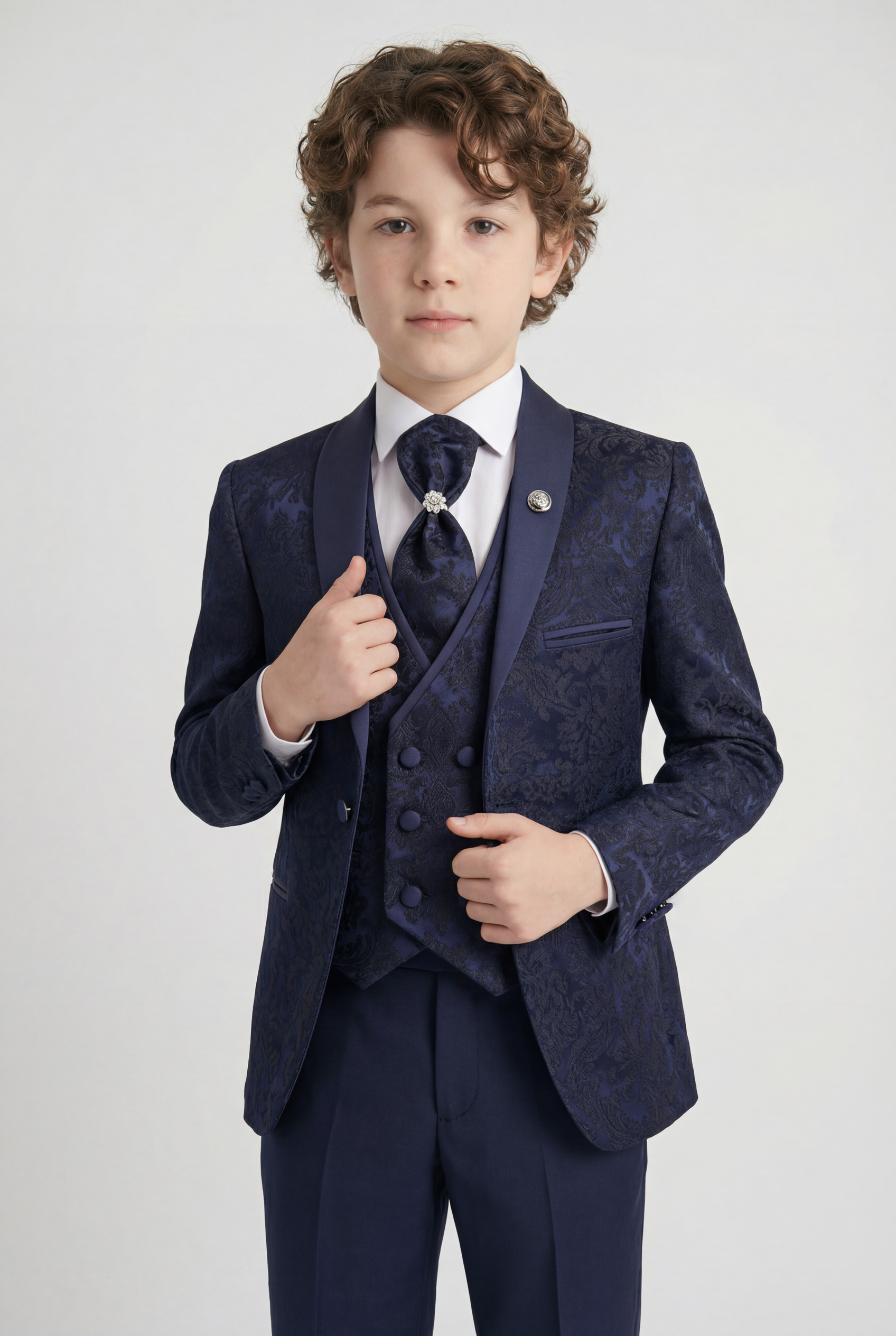 Boys Satin Lapel Paisley Floral Tuxedo Suit Set - Navy