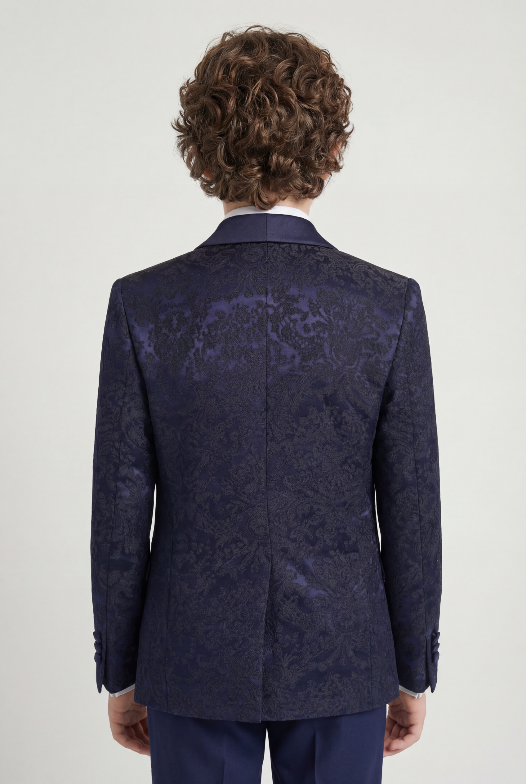 Boys Satin Lapel Paisley Floral Tuxedo Suit Set - Navy