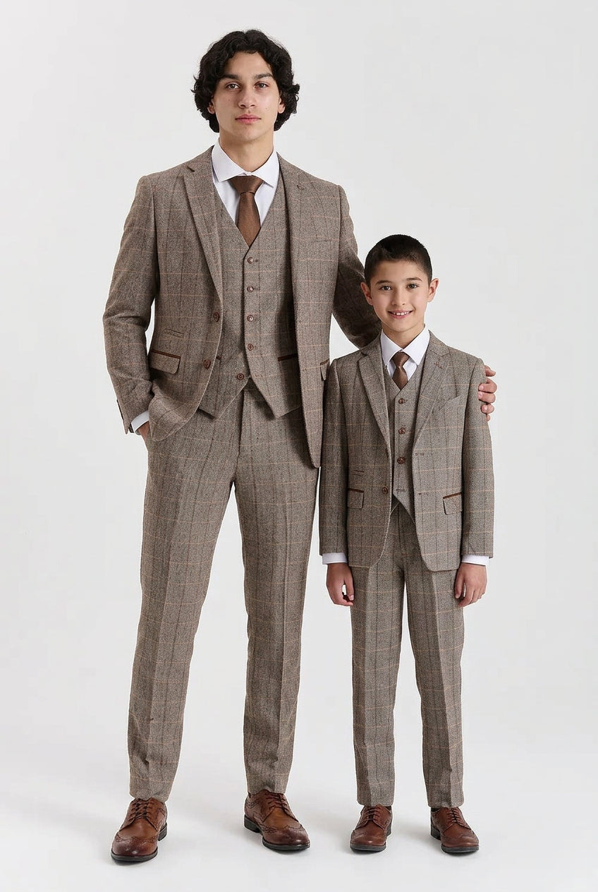 Father & Son Matching 3-Piece Herringbone Windowpane Check Suit - Harris -Brown