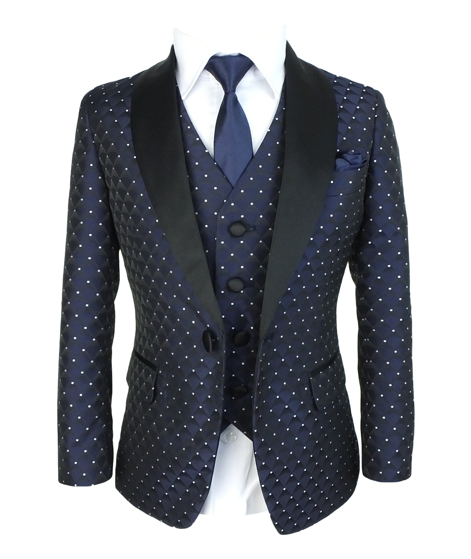 Boys Quilted Dotted Black Tuxedo Suit - Black