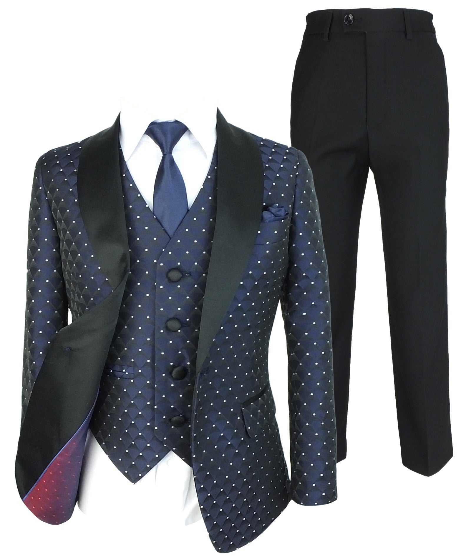 Boys Quilted Dotted Black Tuxedo Suit - Black