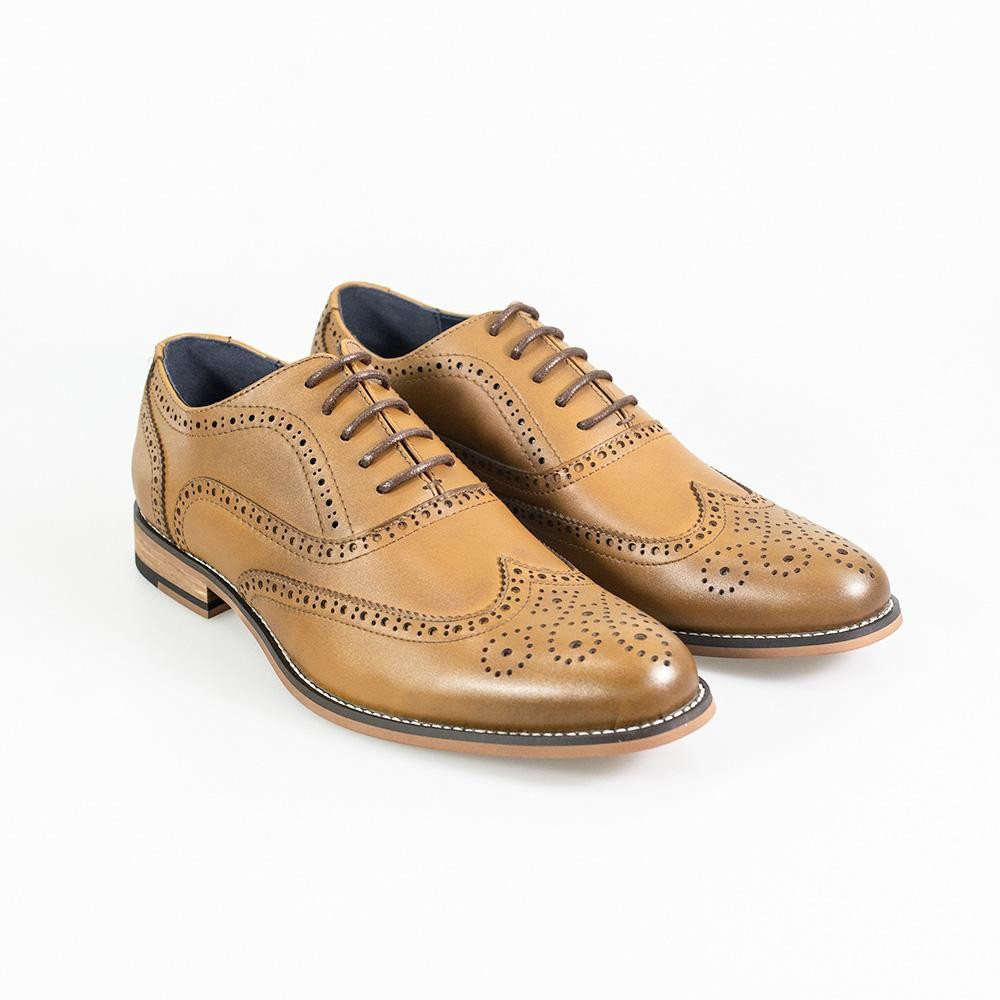 Men's Lace Up Leather Brogue Shoes - OXFORD - Tan Brown