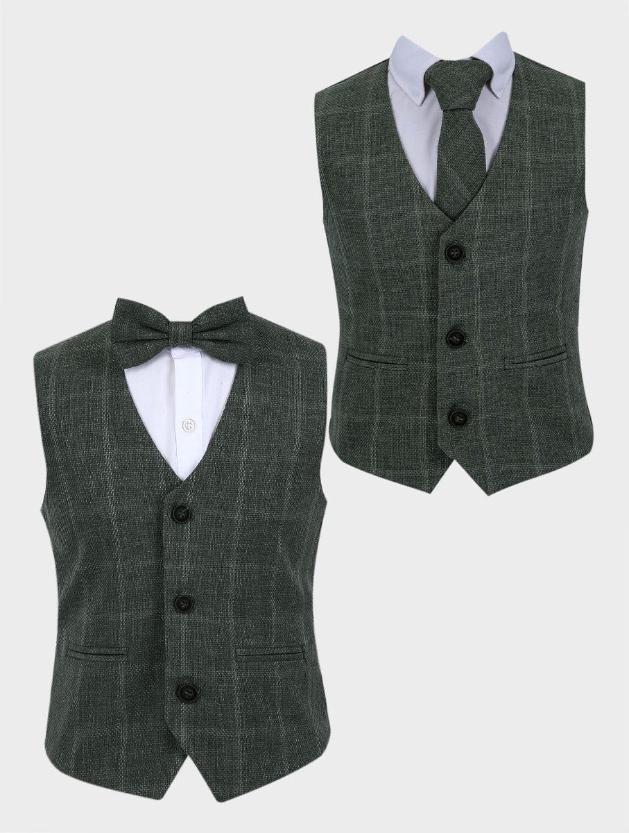 Boys Tweed Windowpane Check Cotton Waistcoat - Green