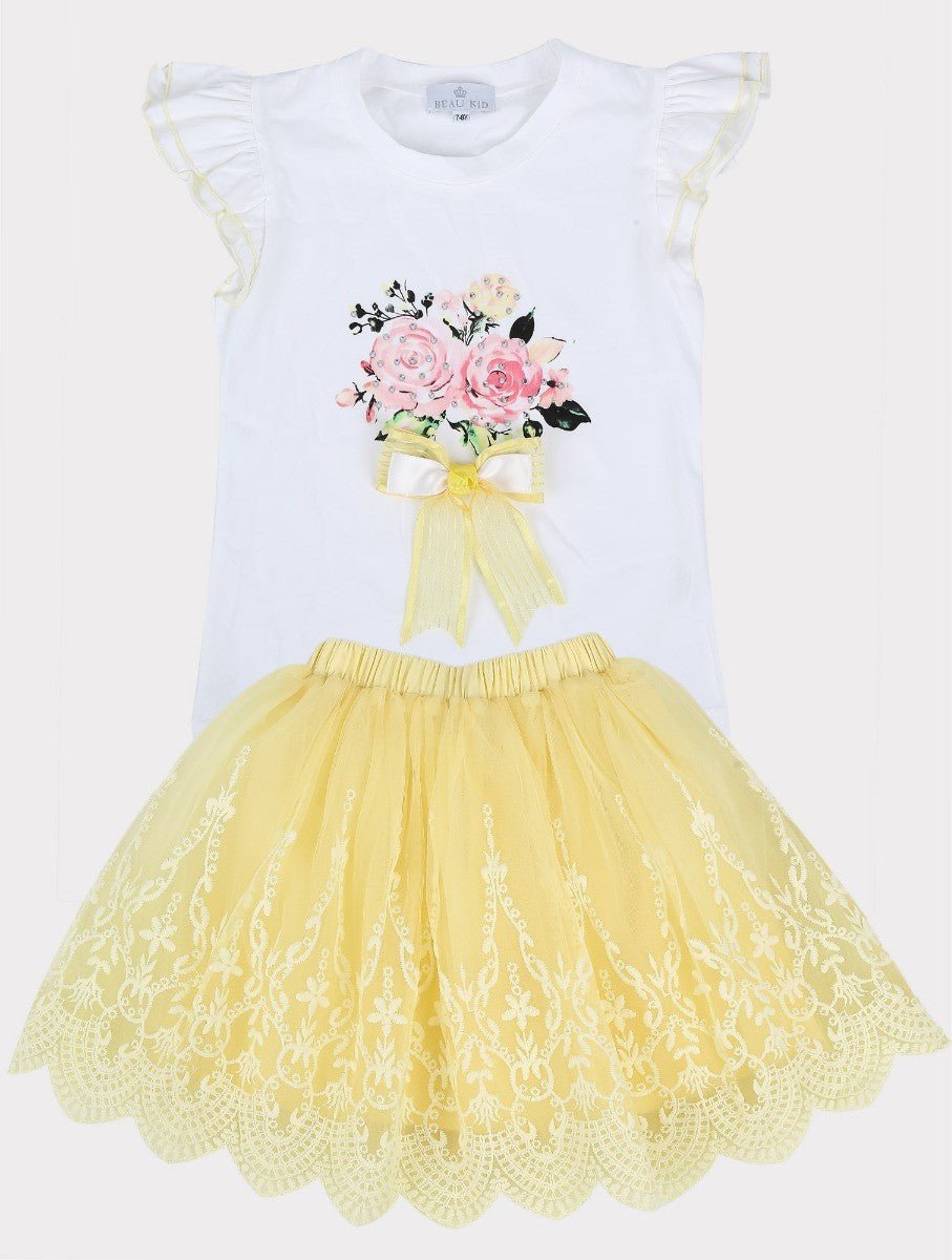 Girls Floral Print Tulle Skirt and T-Shirt Set - Yellow