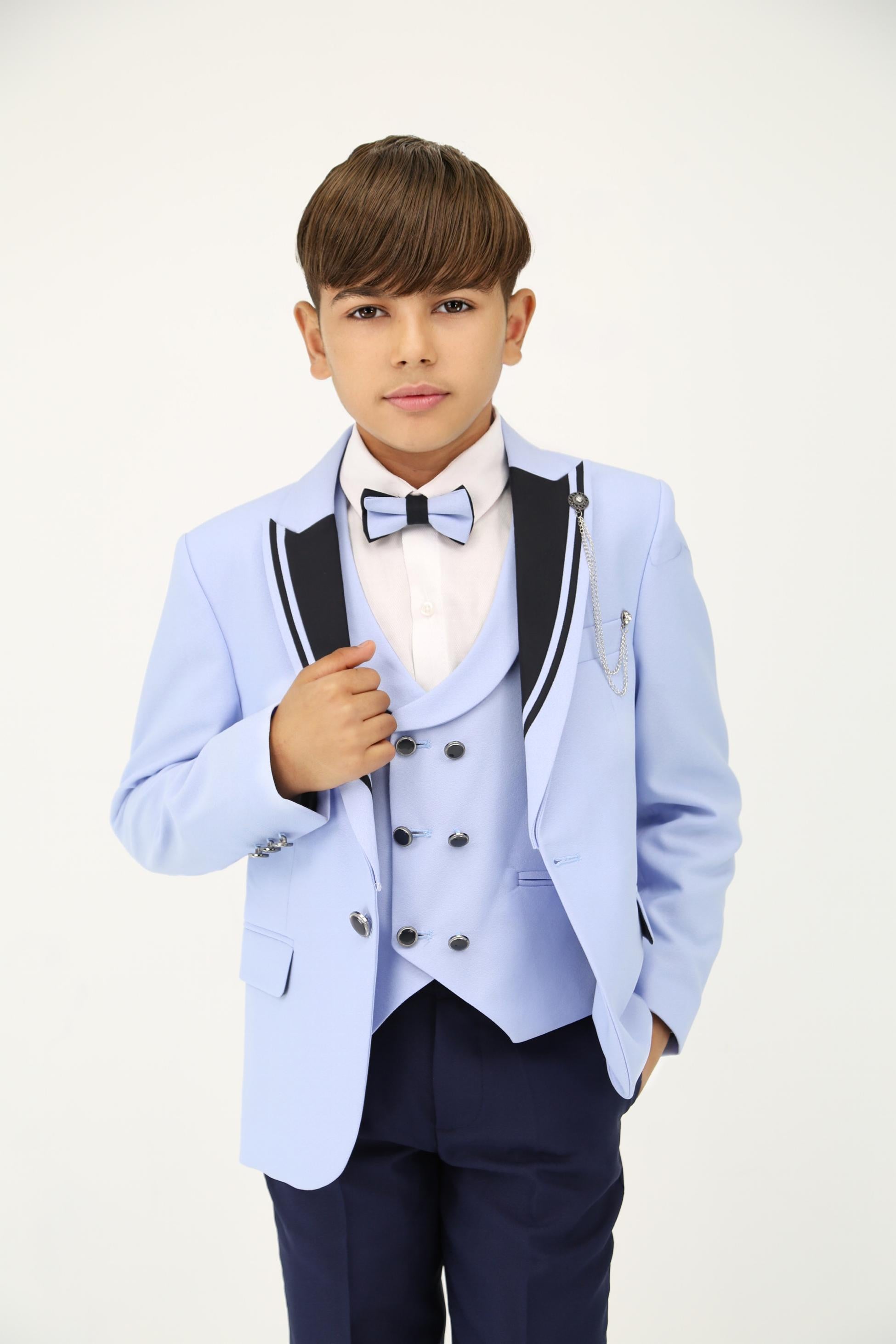 Boys Light Blue 6 PC Suit Set with Black Contrast Lapels - Blue