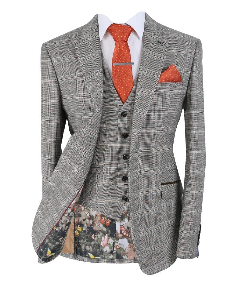 Men's Slim Fit Retro Check Suit - Quincy Stone - Stone Brown