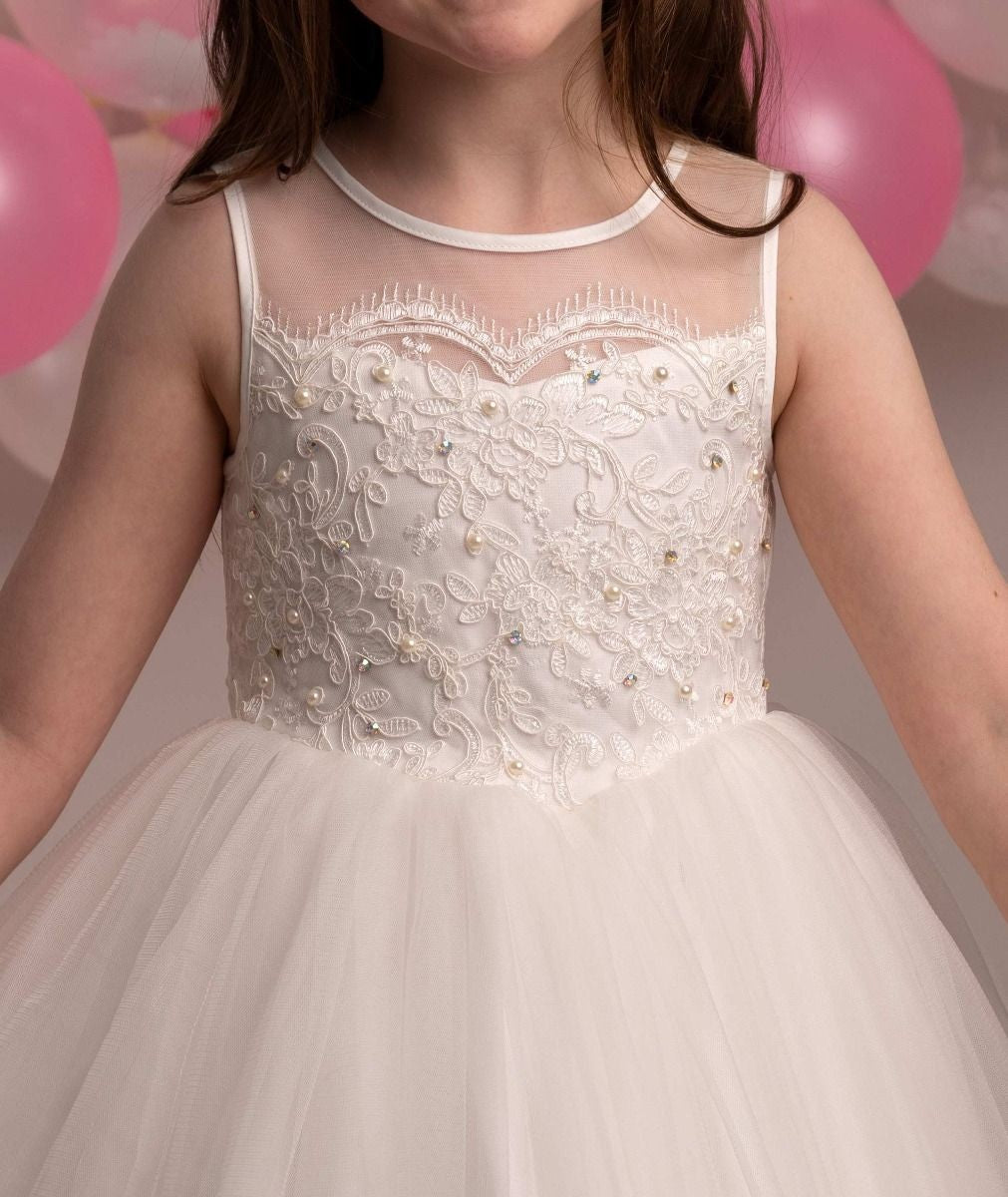 Floral Lace Embroidered Dress for Girls – MEGAN - Ivory