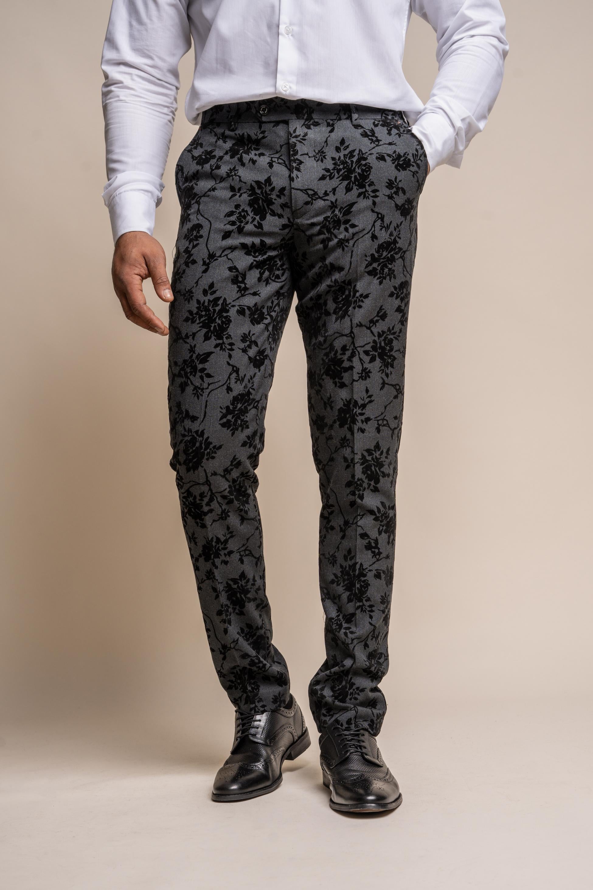 Men's Black Velvet Floral Embroidered Trousers - GEORGI - Black