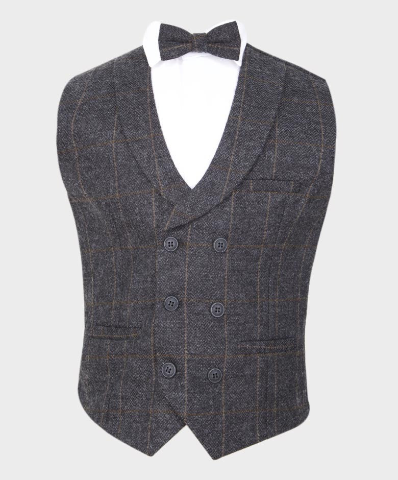 Boys Herringbone Check Double-breasted Waistcoat Suit Set - Dark Grey