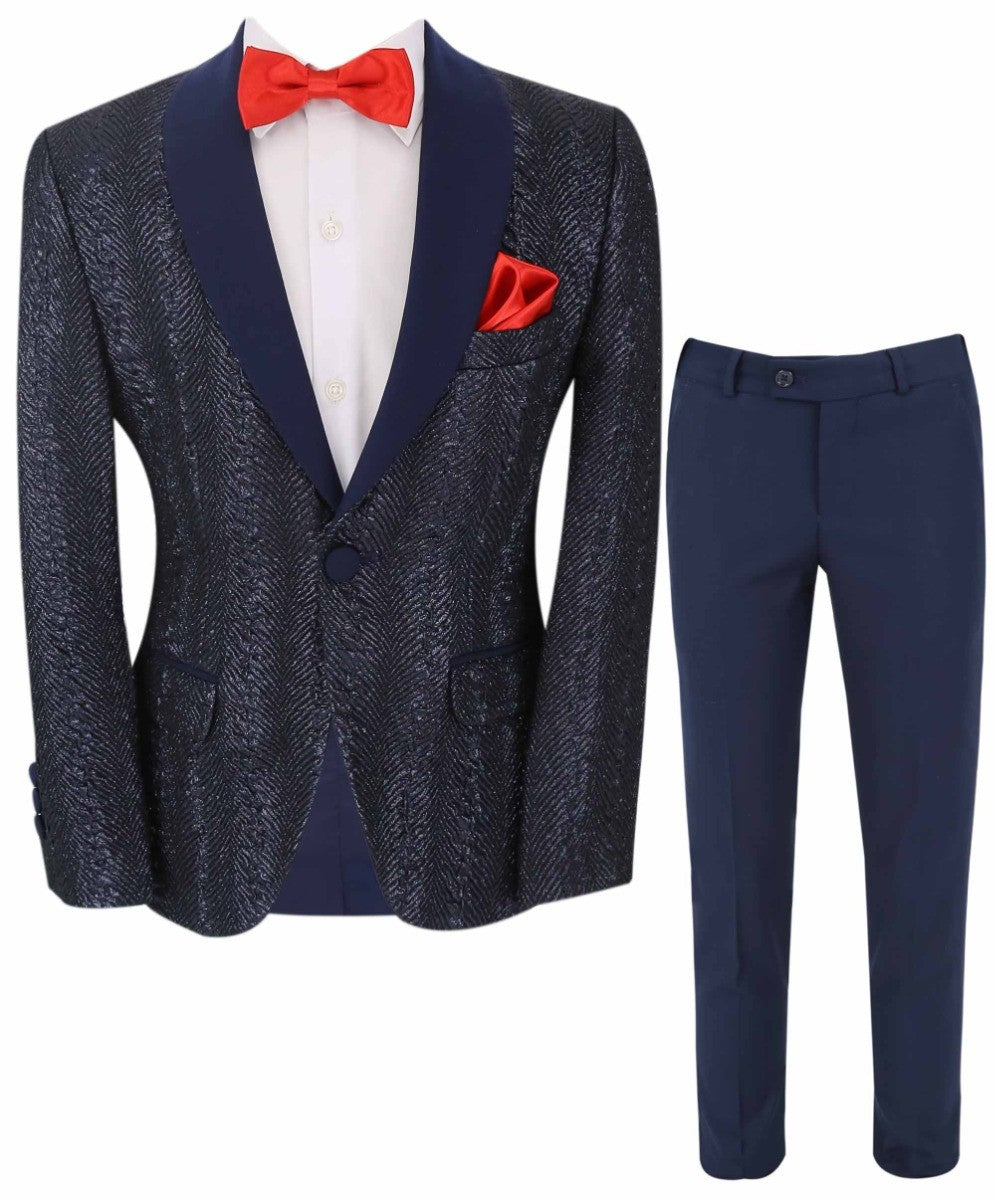 Boys Tweed Tuxedo Slim Fit Suit - ROBBIE - Dark Navy Blue