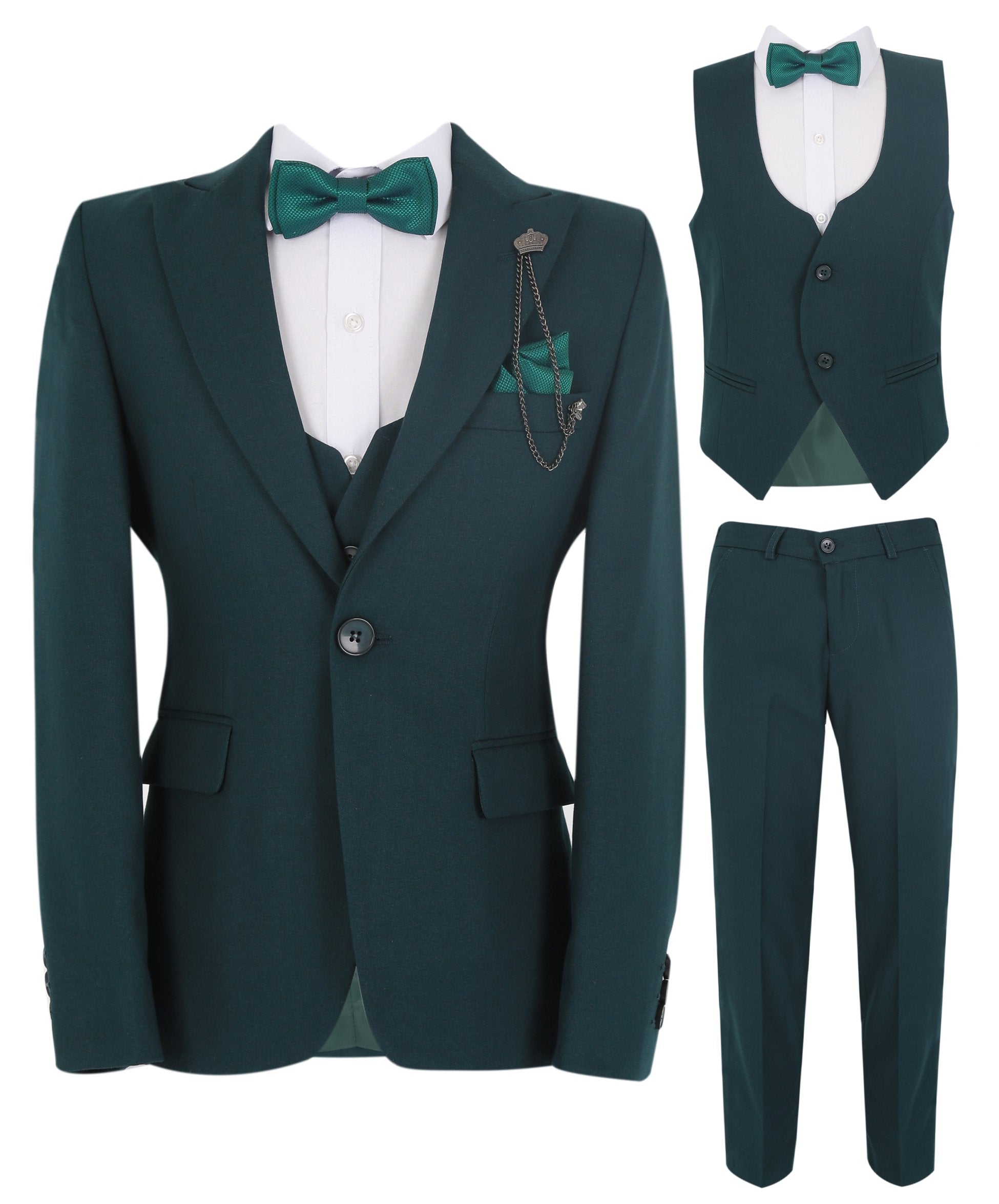 Boys Slim Fit Herringbone 8 Piece Suit Set - KING - Emerald Green