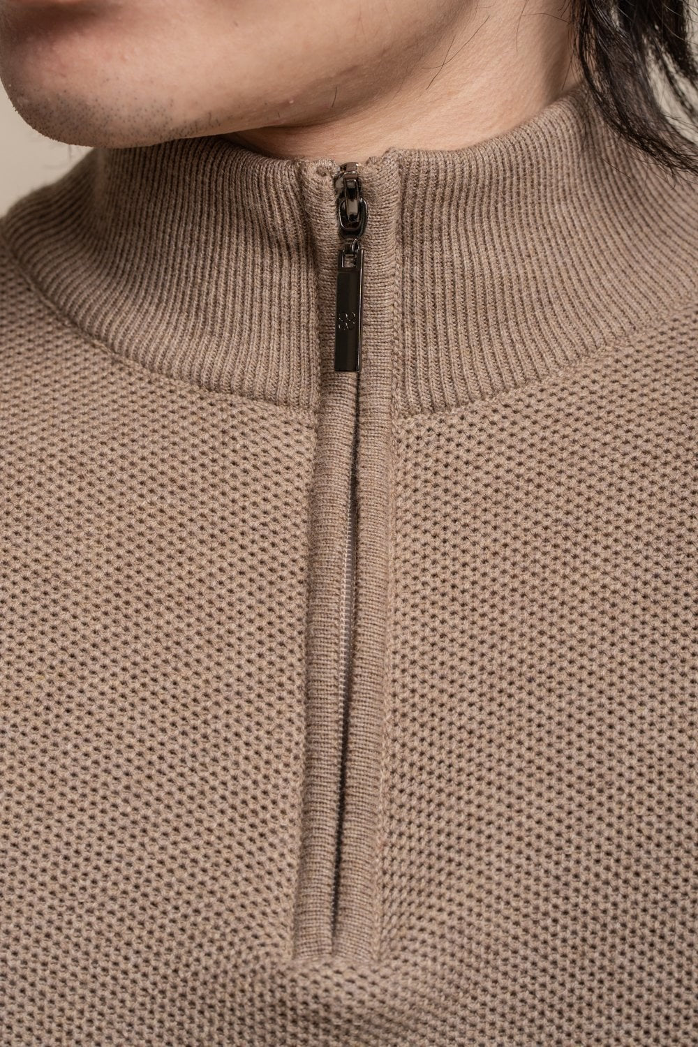 Men's Half Zip Knit Cotton Pullover - KYLE - Fawn Brown