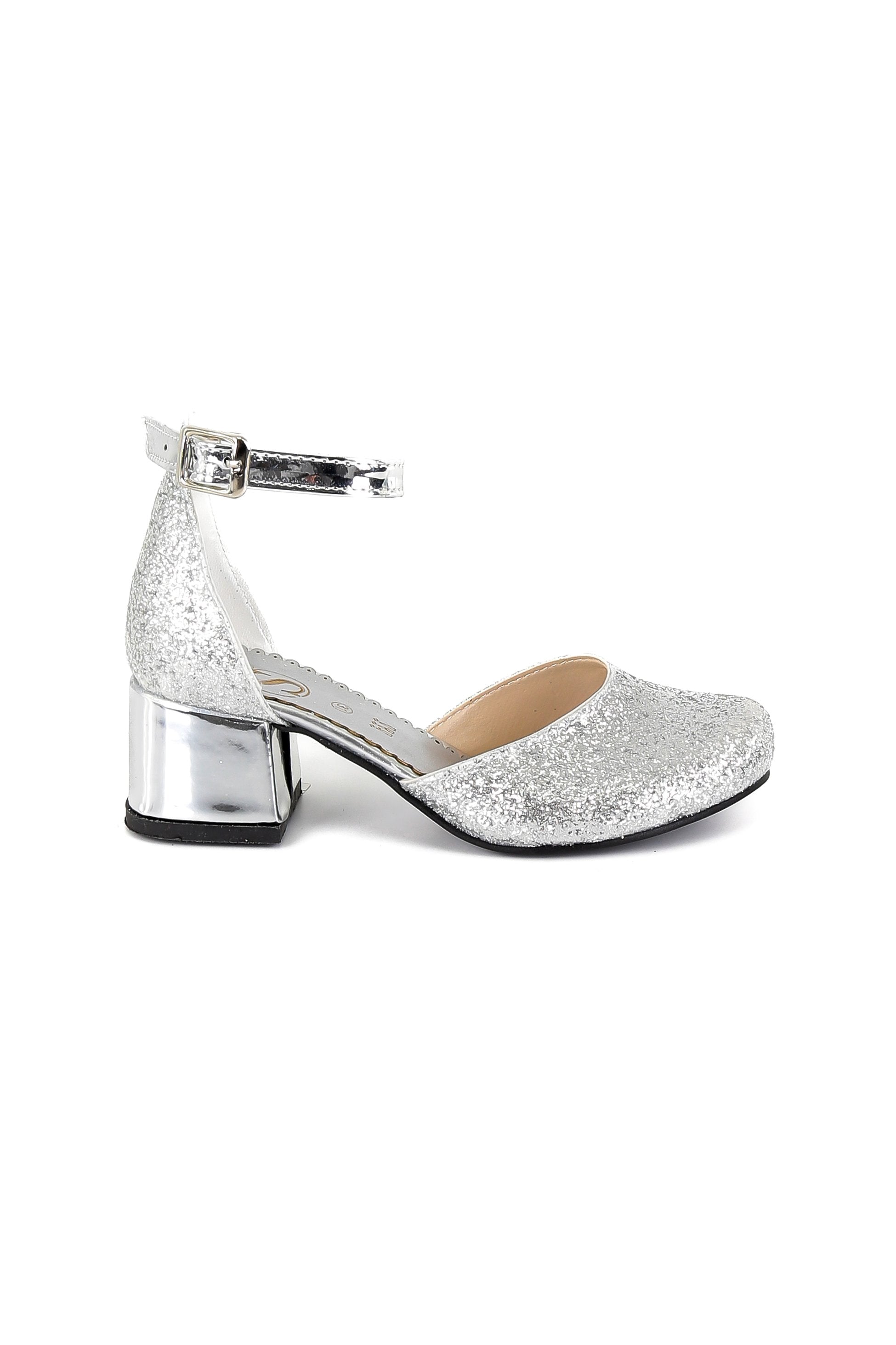 Girls Glittery Mary Janes Block Heel Silver Shoes - Silver