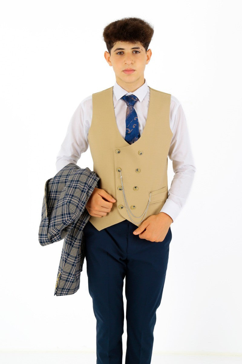 Boys Plaid Check Slim Fit Suit - Navy Blue- Beige