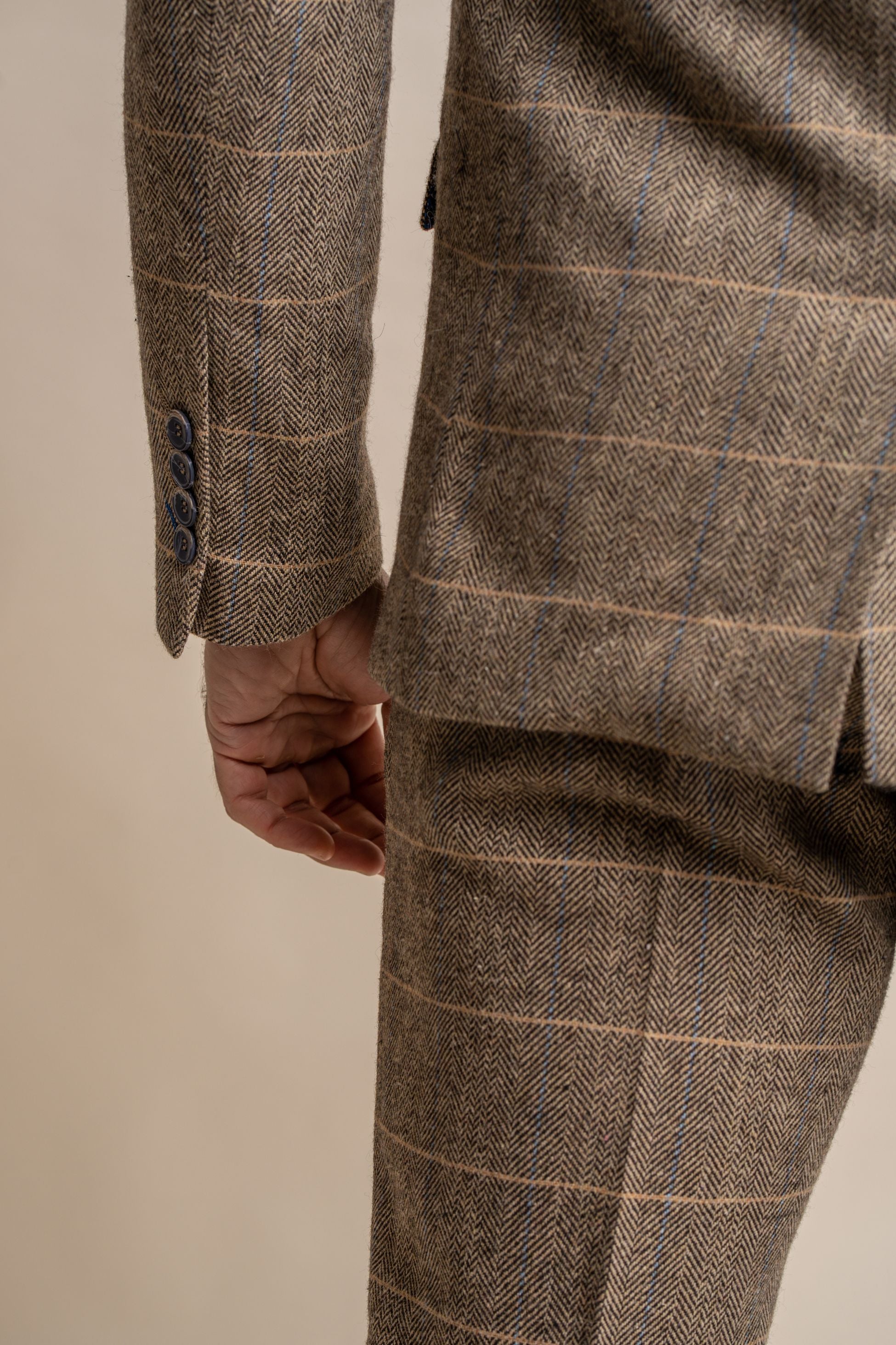 Men's Wool Blend Herringbone Check Suit Jacket - Albert - Tan Brown