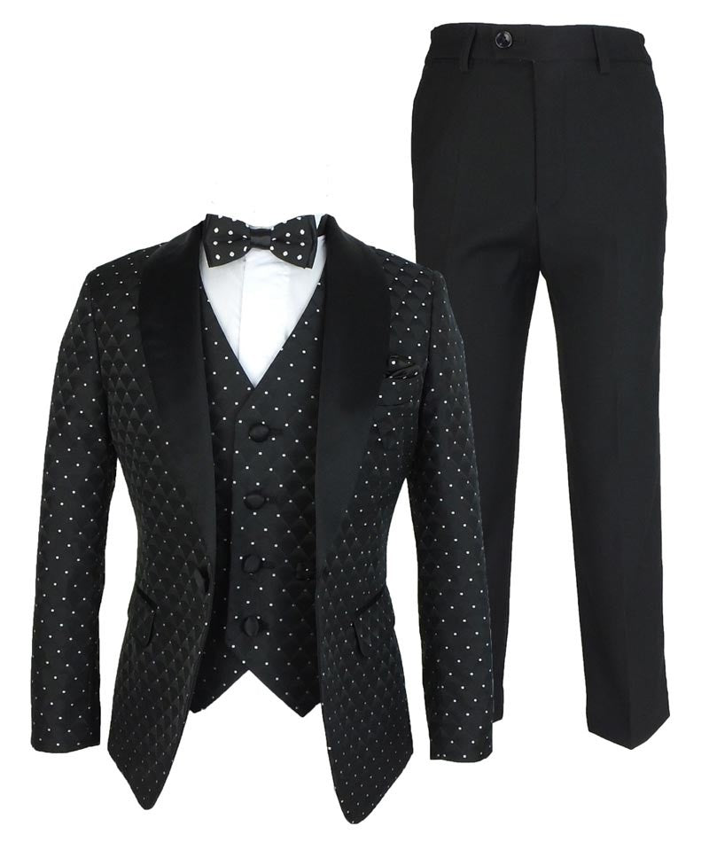 Boys Quilted Dotted BlackTuxedo Suit - Black