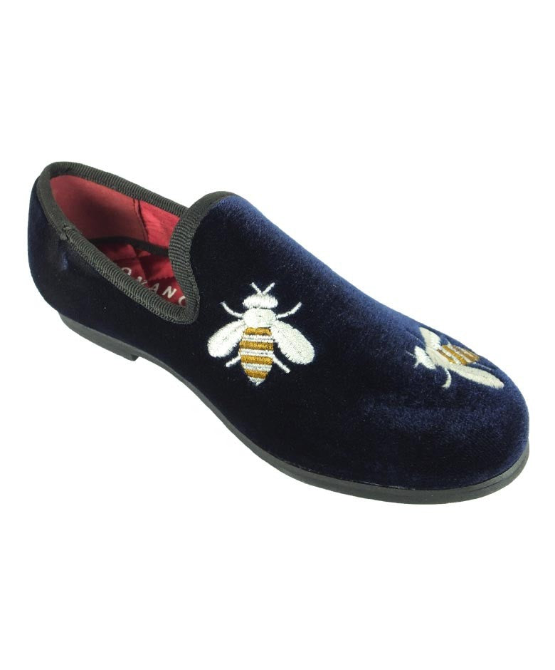 Boys Velvet Bee Embroidered Slip On Loafers - Navy Blue