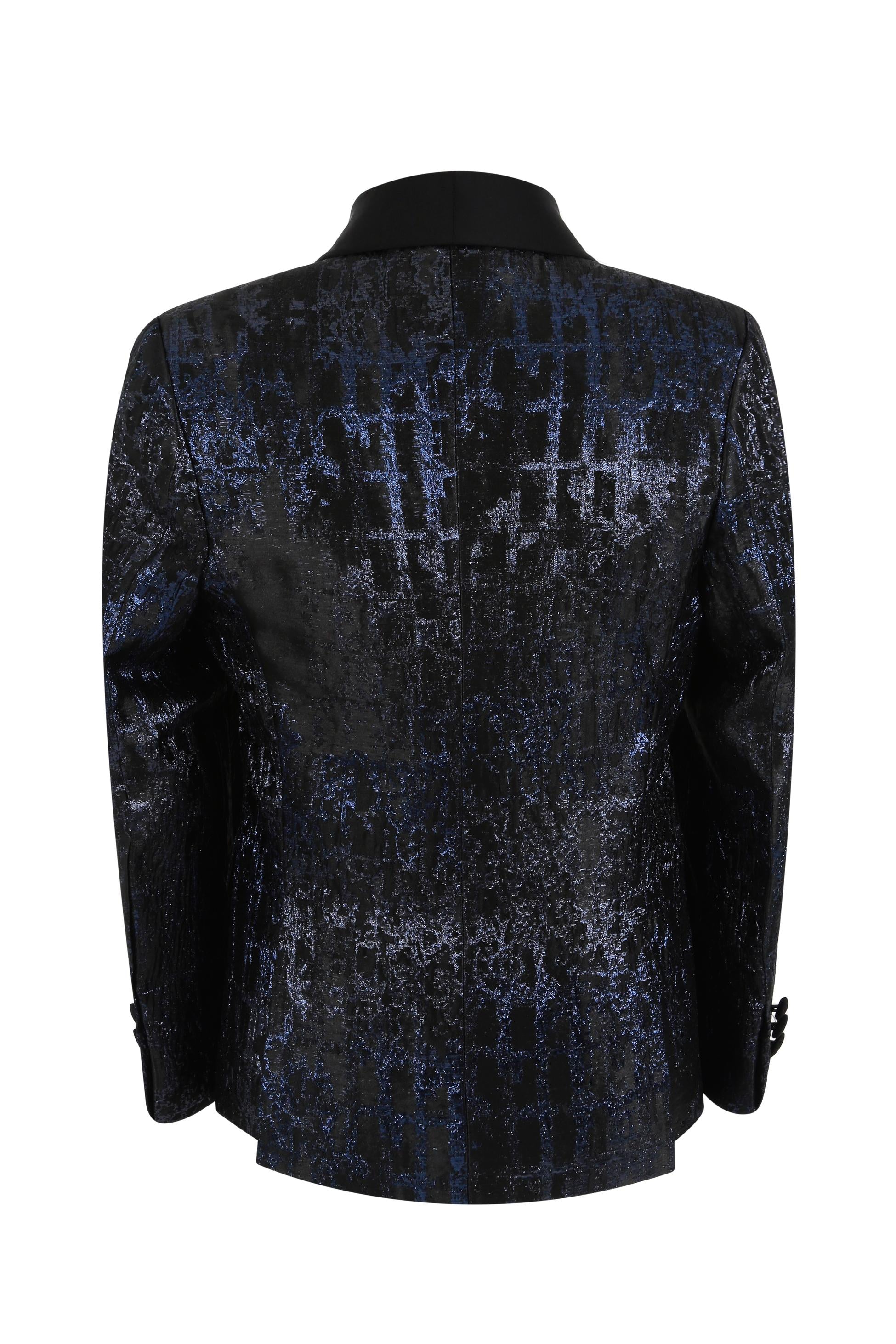 Boys Shimmery Jacquard Patterned Tuxedo Suit - Black - Navy Blue