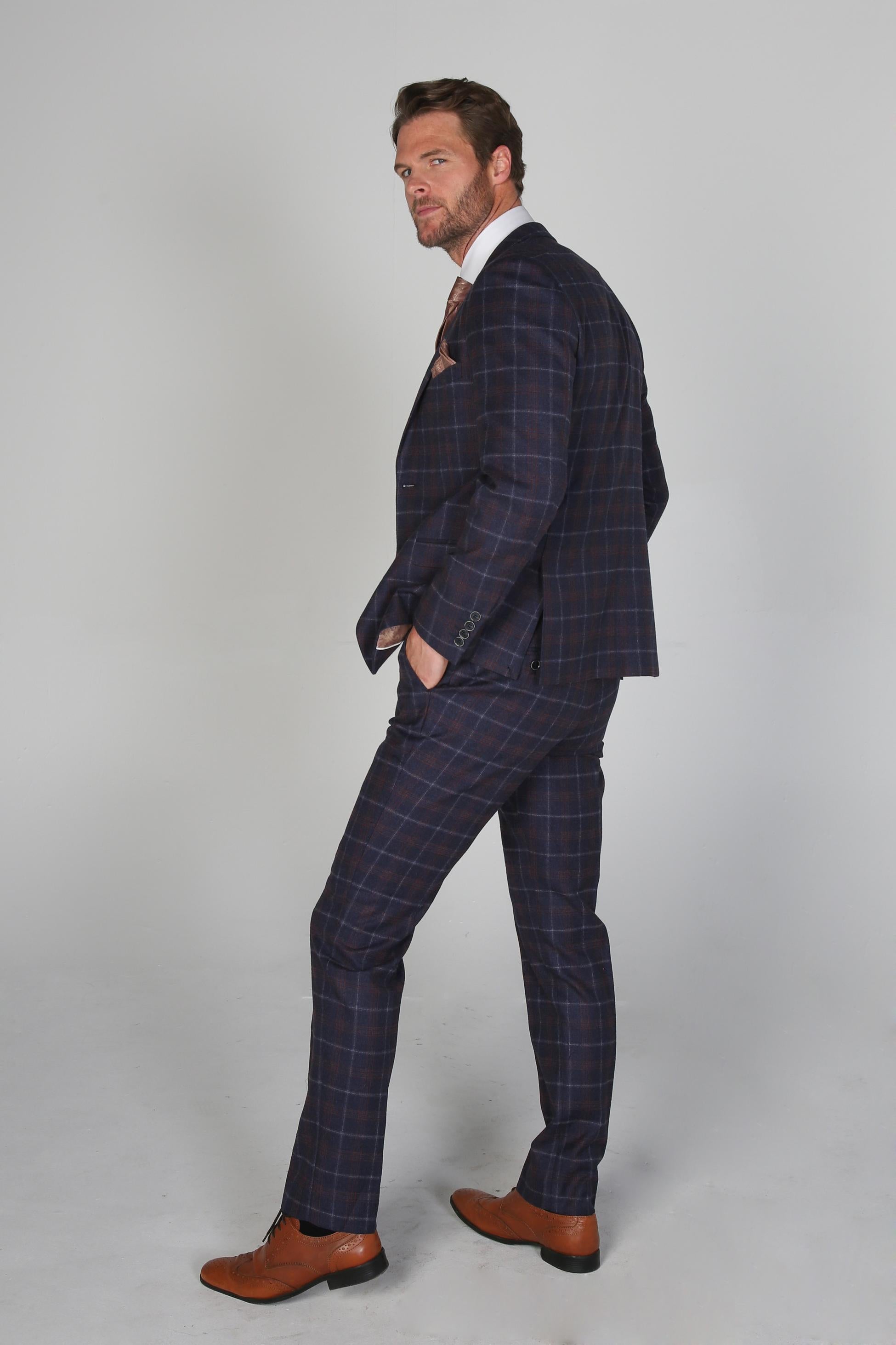 Men's Tailored Fit Retro Check Suit - KENNETH - Navy Blue - Maroon