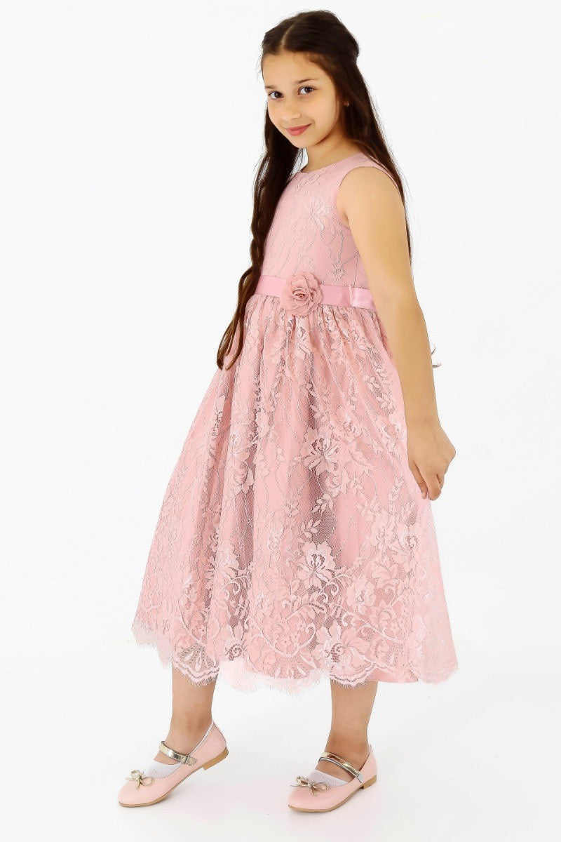 Girls Sleeveless Lace Embroidered Dress - Powder Pink