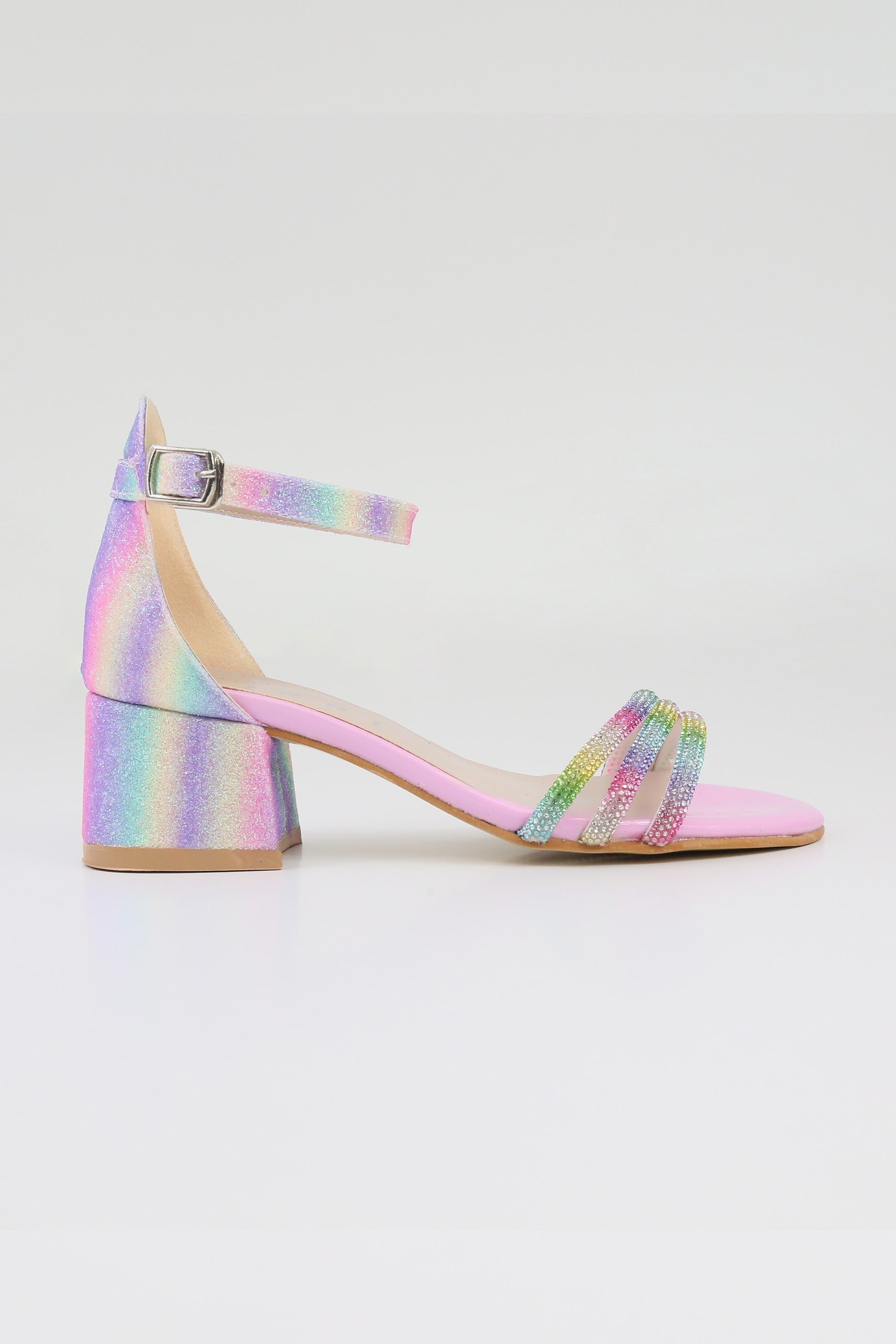 Girls' Textured Block-Heel Sandals with Rhinestone Straps - TWINKLE - Multicolour