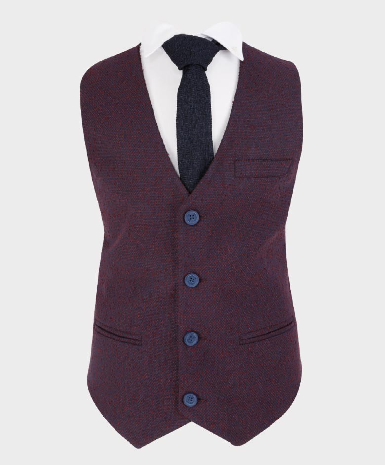 Boys Tailored Fit Windowpane Retro Check Suit - Navy Blue -Maroon