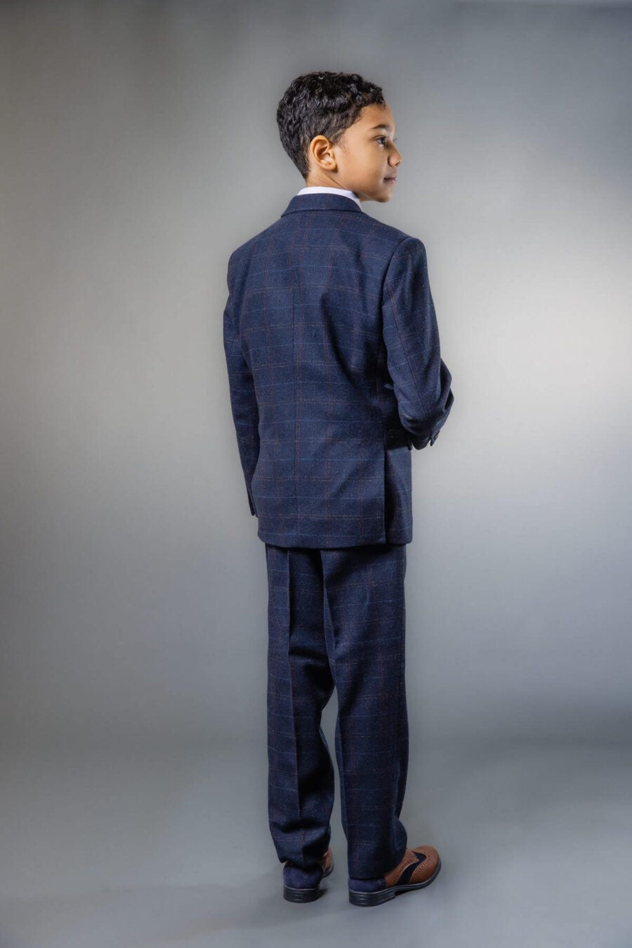 Boys Tweed Windowpane Check Tailored Fit Suit - Ryan Navy - Navy Blue