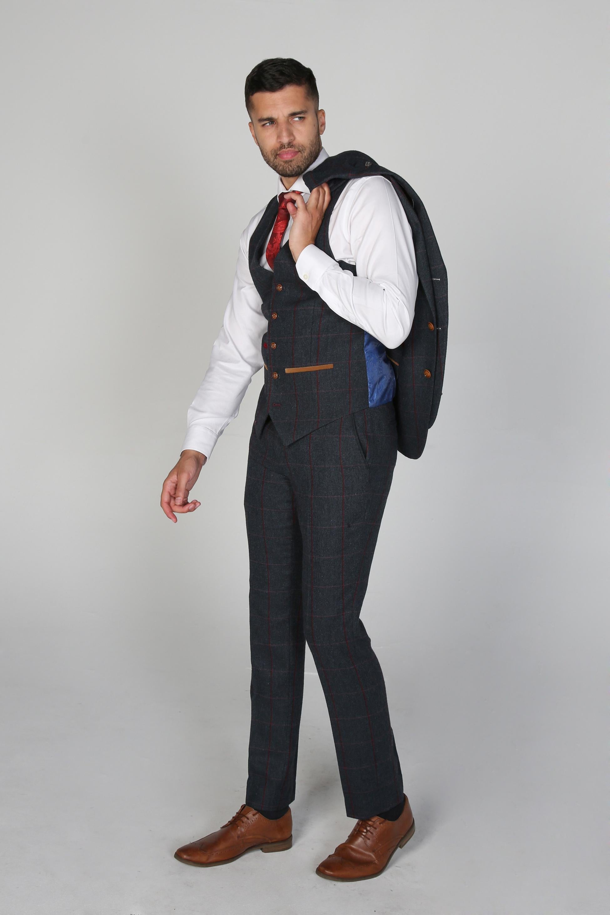 Men's Tweed Windowpane Check Tailored Fit Suit - MADRID - Navy Blue